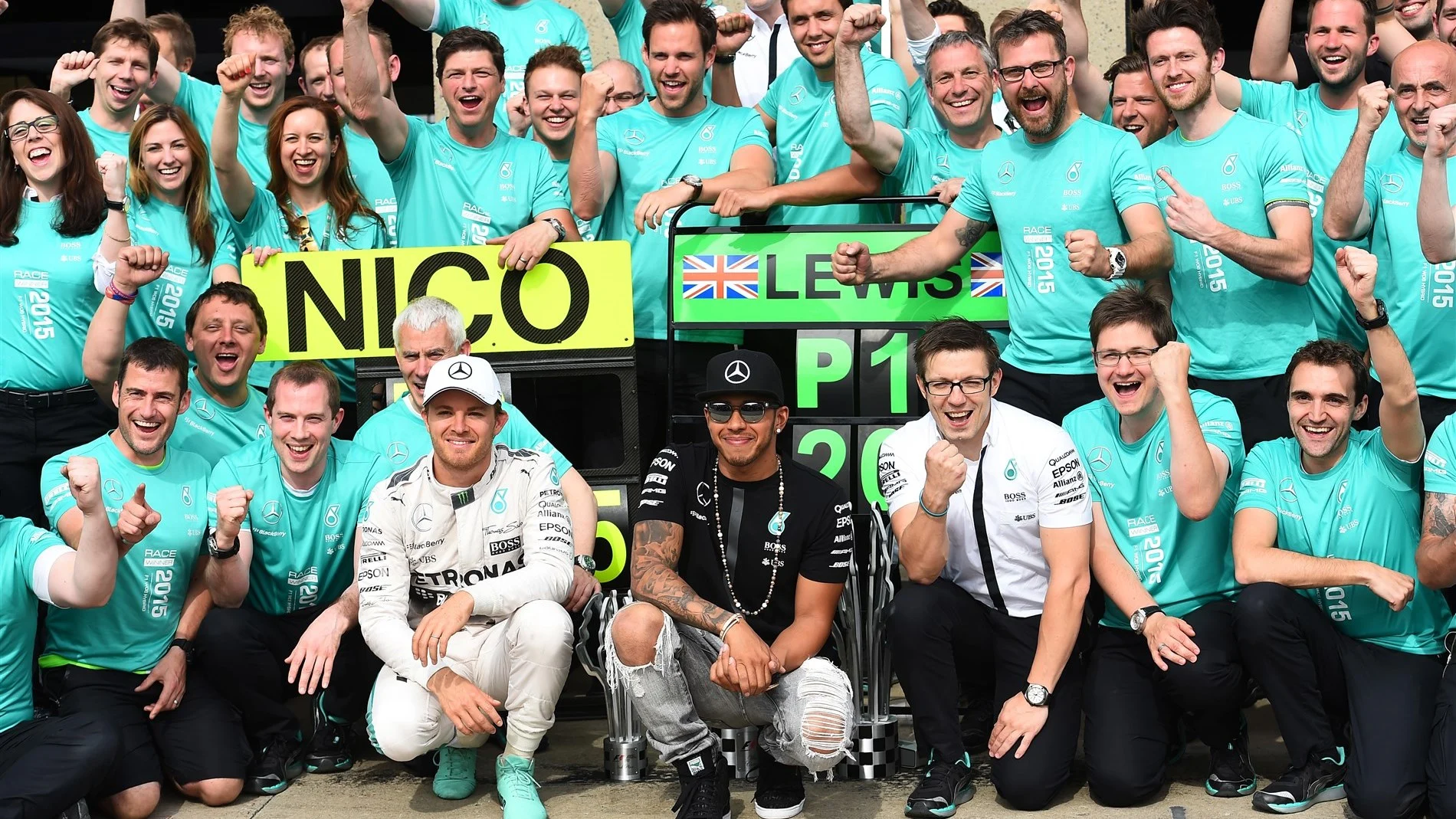 Race winner Lewis Hamilton (GBR) Mercedes AMG F1 and second placed Nico Rosberg (GER) Mercedes AMG F1 celebrate with the team at Formula One World Championship, Rd7, Canadian Grand Prix, Race, Montreal, Canada, Sunday 7 June 2015. © Sutton Motorsport Images