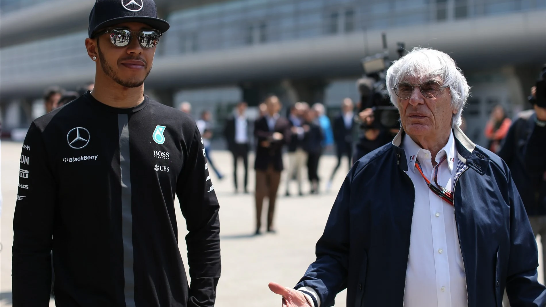 Lewis Hamilton (GBR) Mercedes AMG F1 and Bernie Ecclestone (GBR) CEO Formula One Group (FOM) at