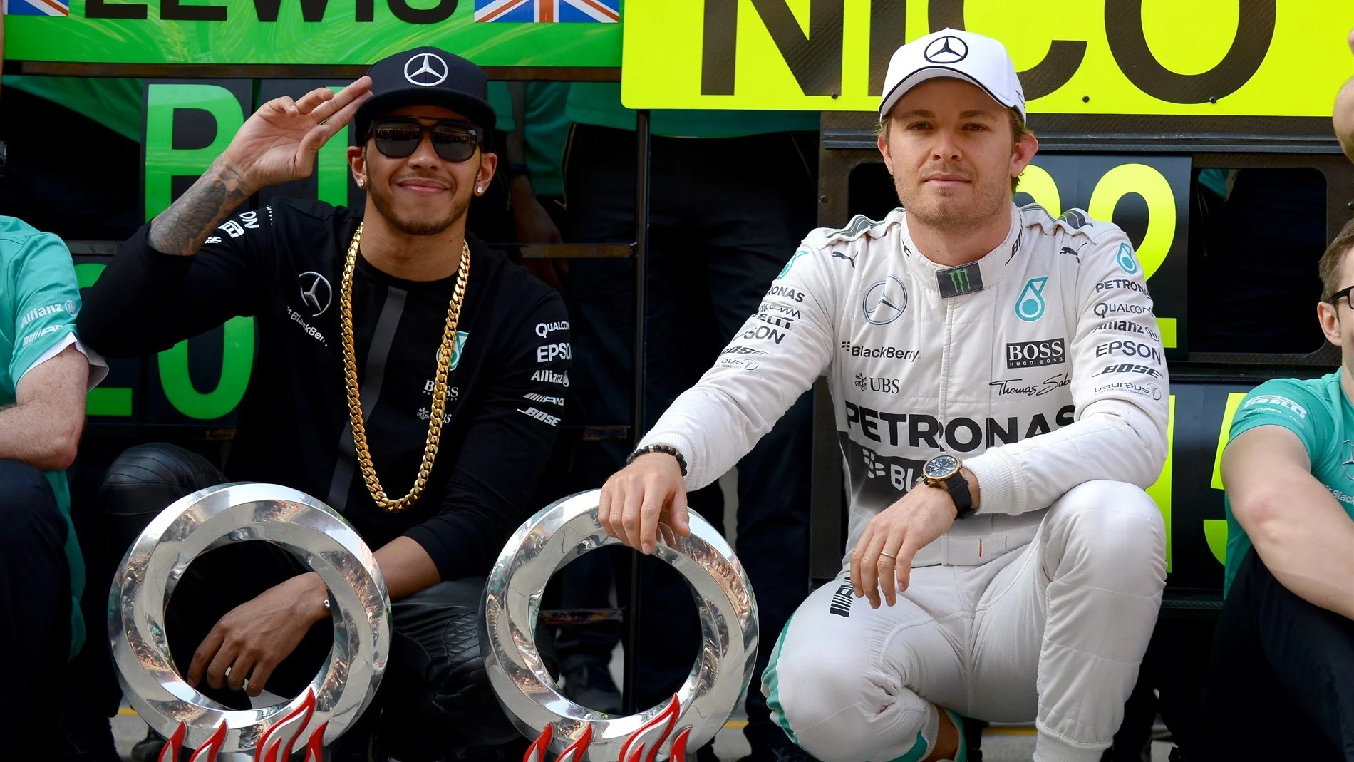 Lewis Hamilton (GBR) Mercedes AMG F1 and Nico Rosberg (GER) Mercedes AMG F1 during the team celebration at Formula One World Championship, Rd3, Chinese Grand Prix, Race, Shanghai, China, Sunday 12 April 2015. © Sutton Motorsport Images