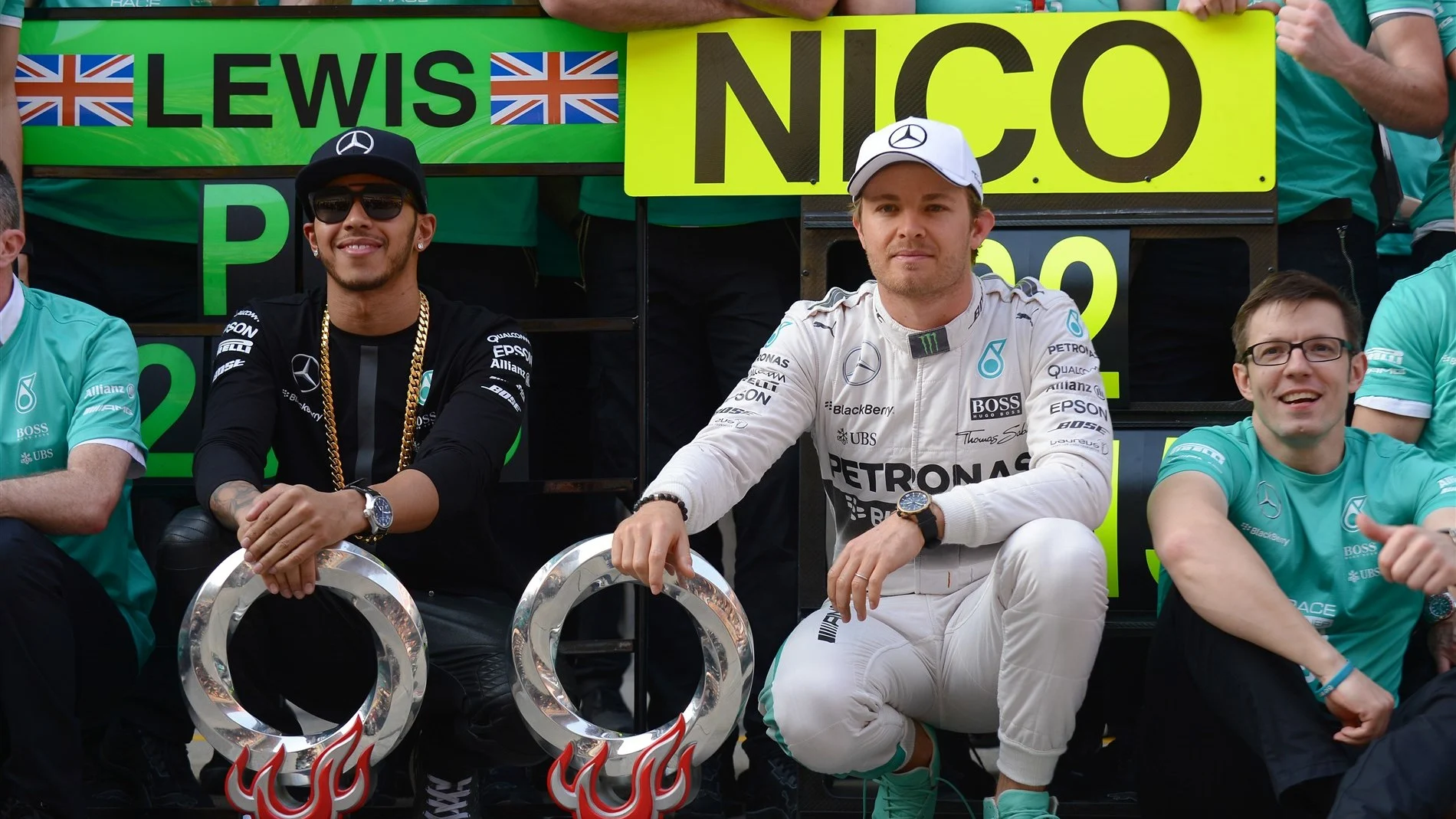 Lewis Hamilton (GBR) Mercedes AMG F1 and Nico Rosberg (GER) Mercedes AMG F1 during the team celebration at Formula One World Championship, Rd3, Chinese Grand Prix, Race, Shanghai, China, Sunday 12 April 2015. © Sutton Motorsport Images
