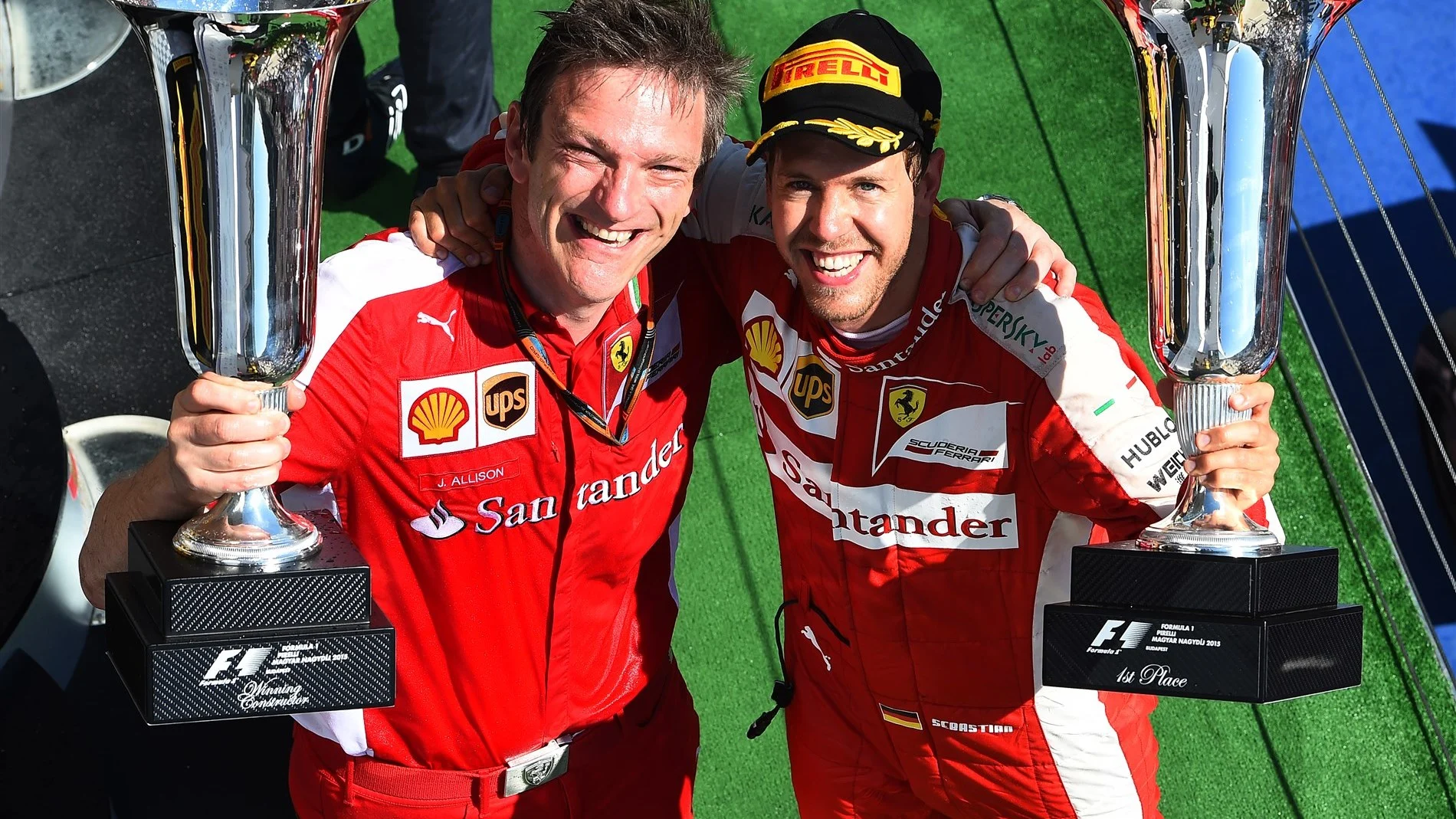 Race winner Sebastian Vettel (GER) Ferrari and James Allison (GBR) Ferrari Chassis Technical