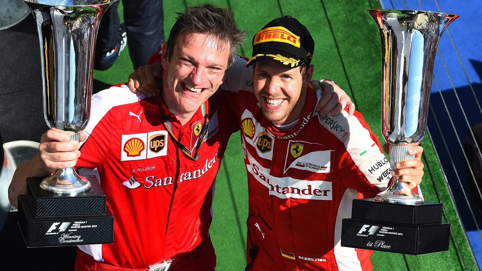 Race winner Sebastian Vettel (GER) Ferrari and James Allison (GBR) Ferrari Chassis Technical