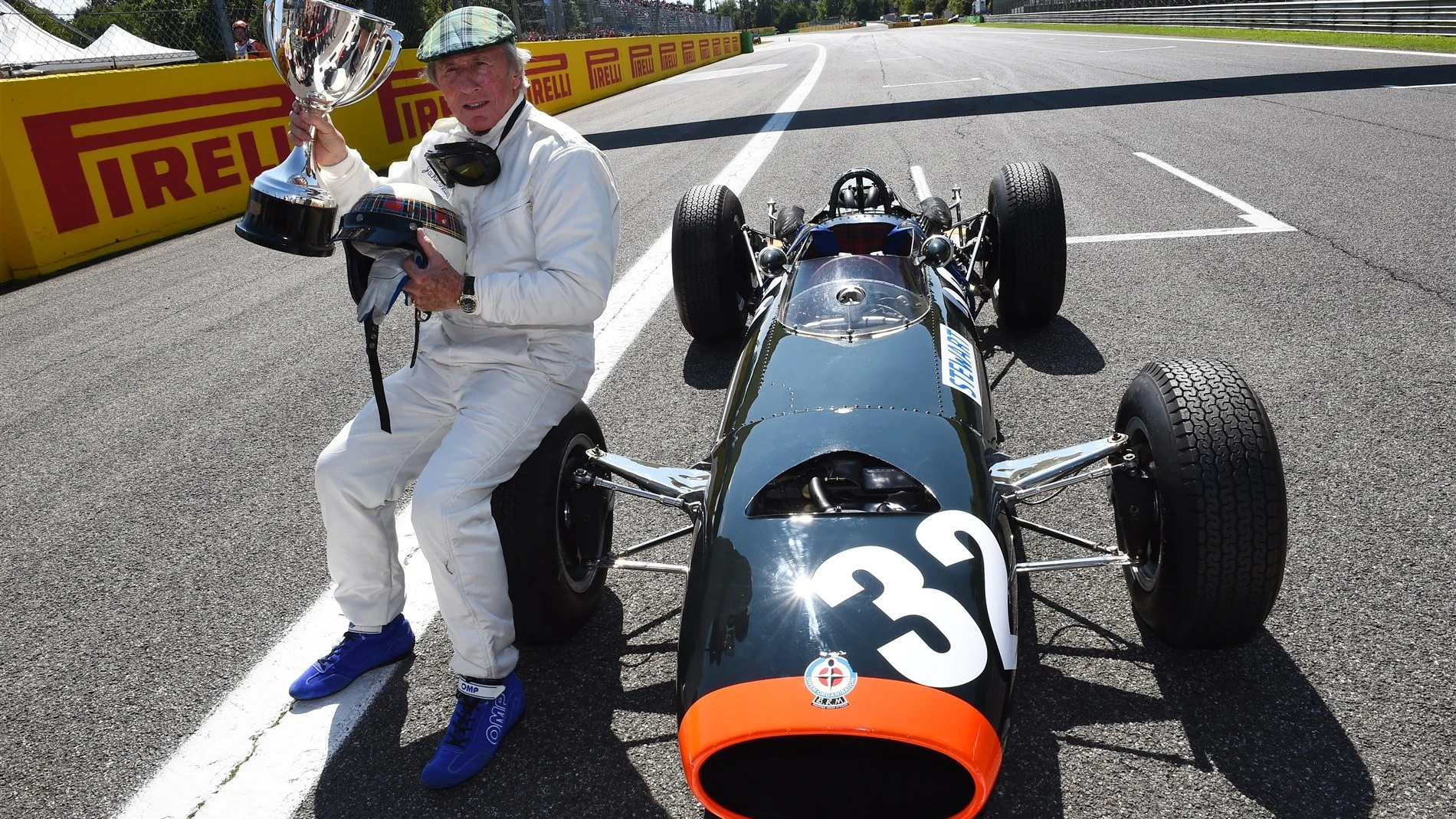 Jackie Stewart (GBR) demonstrates his 1965 Italian Grand Prix winning BRM P261 at Formula One World