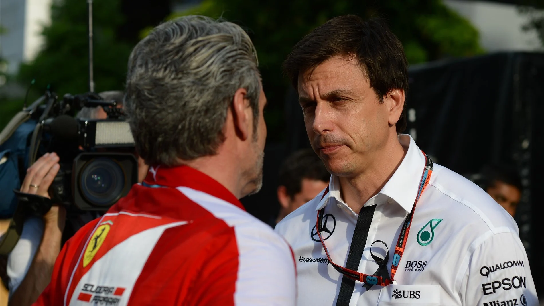 Maurizio Arrivabene (ITA) Ferrari Team Principal and Toto Wolff (AUT) Mercedes AMG F1 Director of Motorsport	 at Formula One World Championship, Rd2, Malaysian Grand Prix, Race, Sepang, Malaysia, Sunday 29 March 2015. © Sutton Motorsport Images