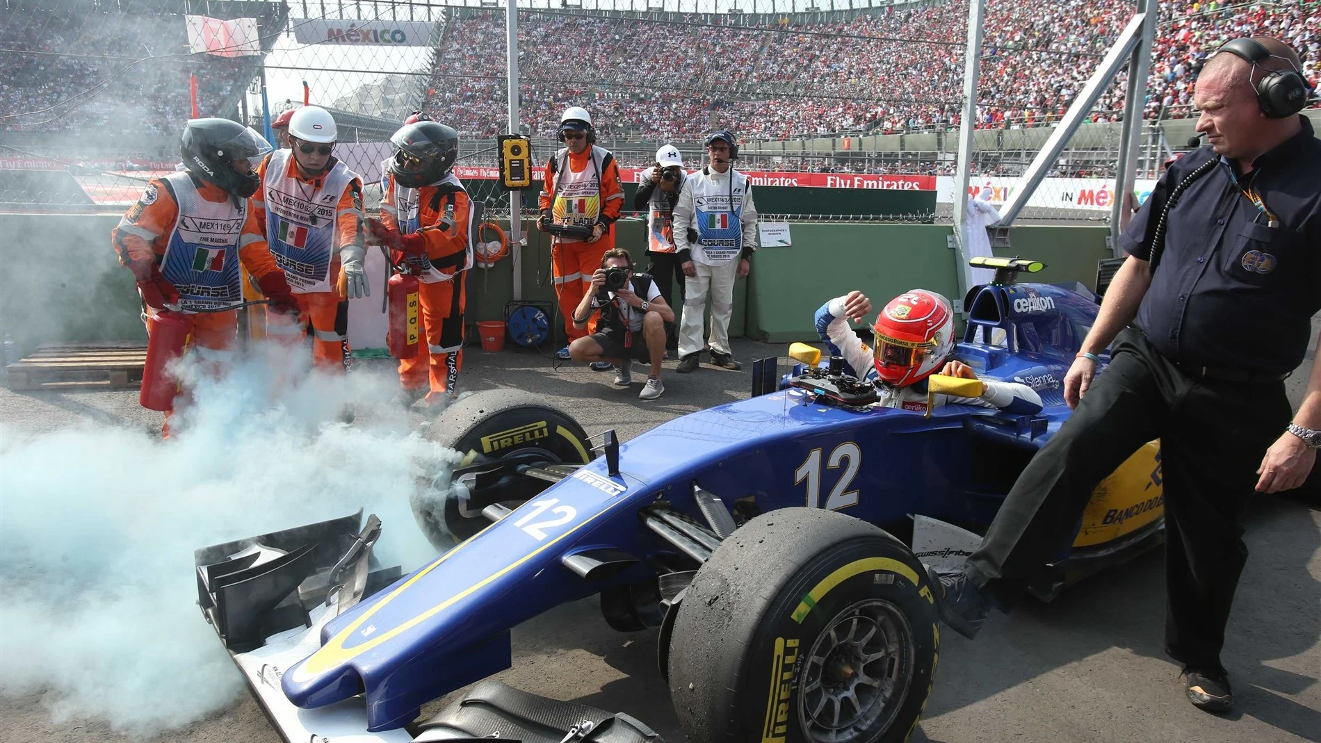 Felipe Nasr (BRA) Sauber C34 retires after spinning out of the race at Formula One World