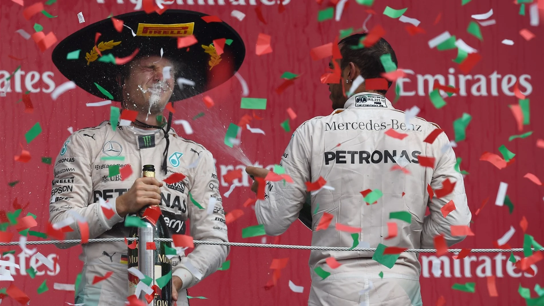 Race winner Nico Rosberg (GER) Mercedes AMG F1 and Lewis Hamilton (GBR) Mercedes AMG F1 celebrate