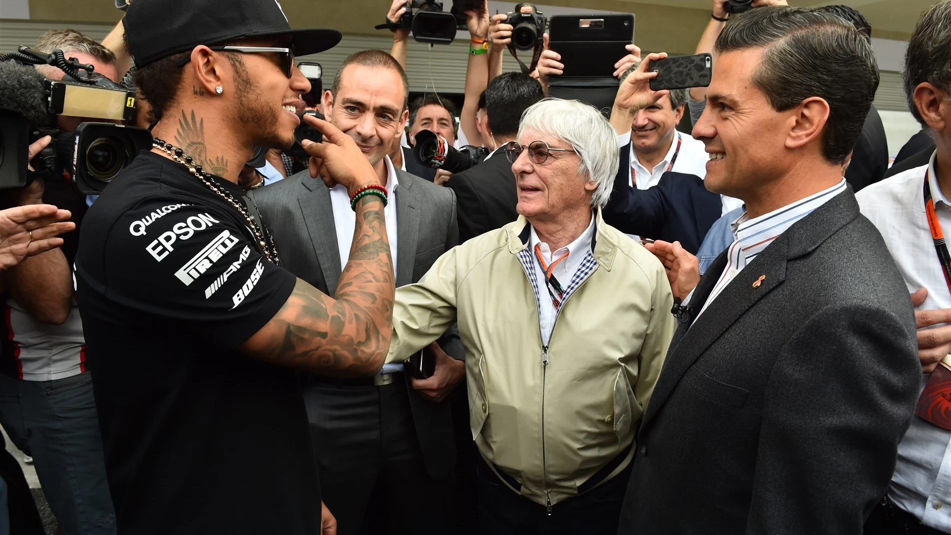 Pena Nieto (MEX) Mexican President, Bernie Ecclestone (GBR) CEO Formula One Group (FOM) and Lewis