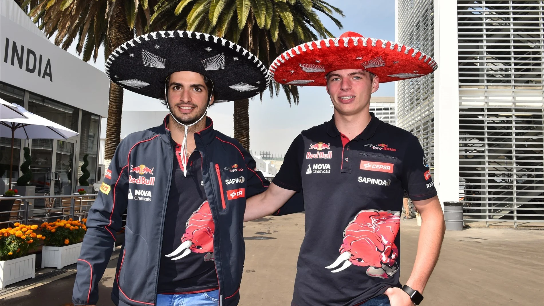 Carlos Sainz (ESP) Scuderia Toro Rosso and Max Verstappen (NDL) Scuderia Toro Rosso at Formula One World Championship, Rd17, Mexican Grand Prix, Preparations, Circuit Hermanos Rodriguez, Mexico City, Mexico, Thursday 29 October 2015. © Sutton Motorsport Images