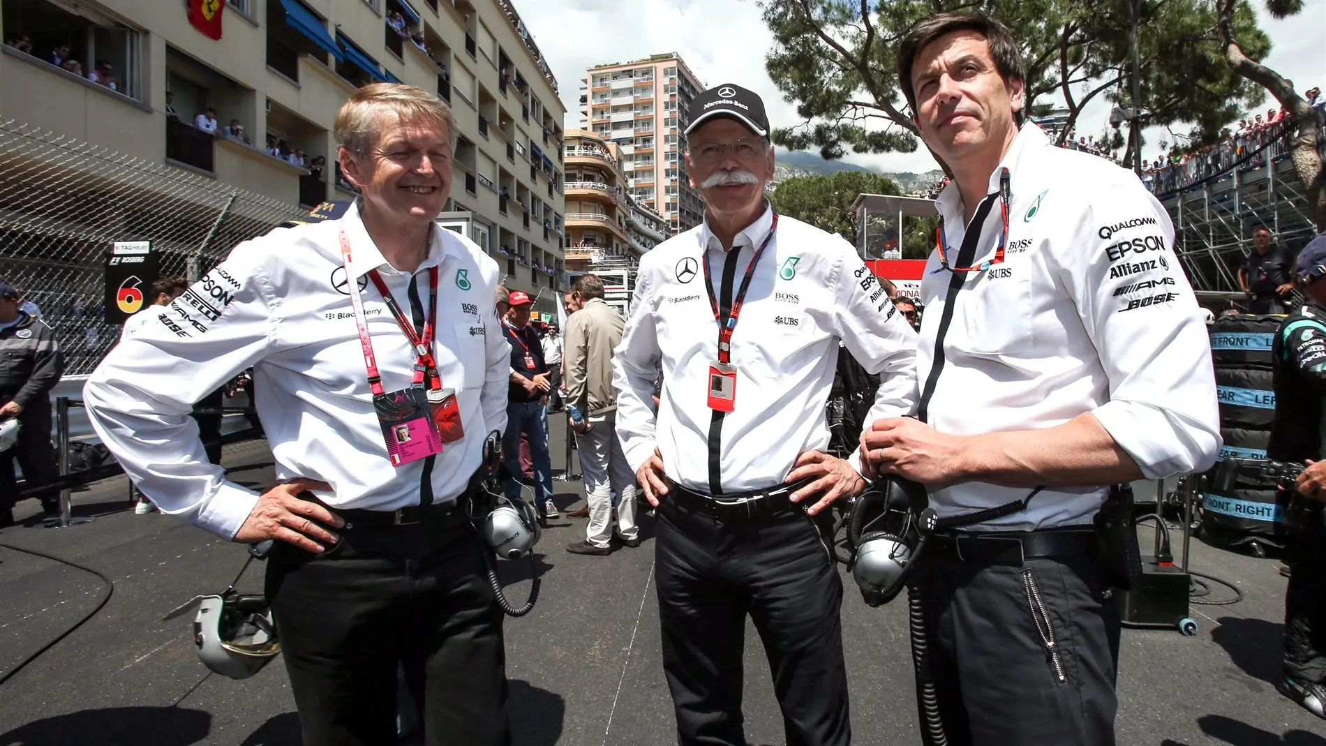 (L-R) Dr. Thomas Weber (GER) Daimler AG,  Dieter Zetsche (GER) CEO of Daimler AG and Toto Wolff