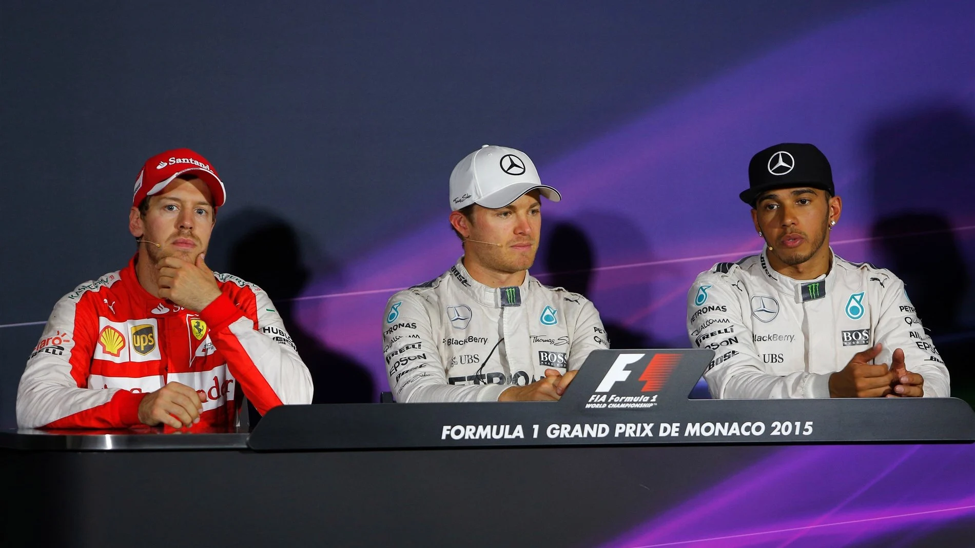 (L to R): Sebastian Vettel (GER) Ferrari, Nico Rosberg (GER) Mercedes AMG F1 and Lewis Hamilton (GBR) Mercedes AMG F1 in the Press Conference at Formula One World Championship, Rd6, Monaco Grand Prix Race, Monte-Carlo, Monaco, Sunday 24 May 2015. © Sutton Motorsport Images