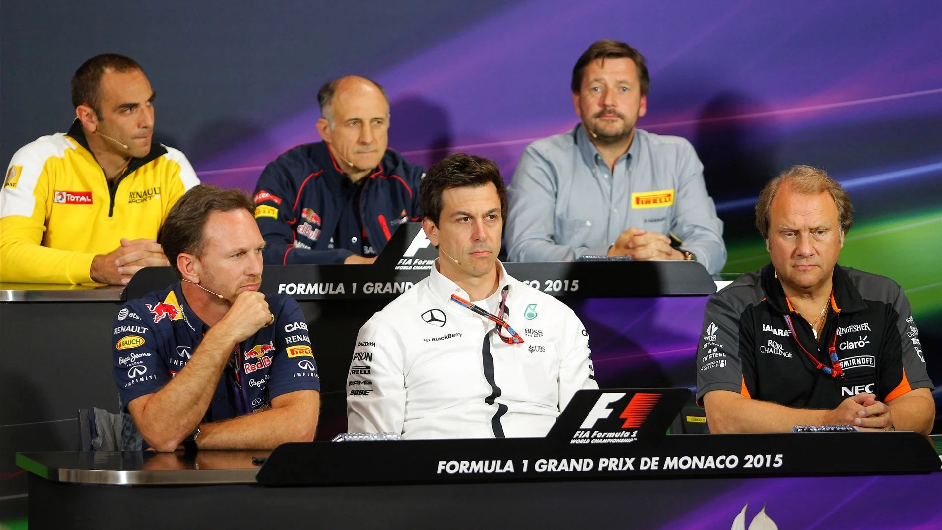 (L to R): Cyril Abiteboul (FRA) Renault Sport, Franz Tost (AUT) Scuderia Toro Rosso Team Principal, Paul Hembery (GBR) Pirelli Motorsport Director, Christian Horner (GBR) Red Bull Racing Team Principal, Toto Wolff (AUT) Mercedes AMG F1 Director of Motorsport, and Robert Fearnley (GBR) Force India F1 Team in the Press Conference at Formula One World Championship, Rd6, Monaco Grand Prix Practice, Monte-Carlo, Monaco, Thursday 21  May 2015. © Sutton Motorsport Images