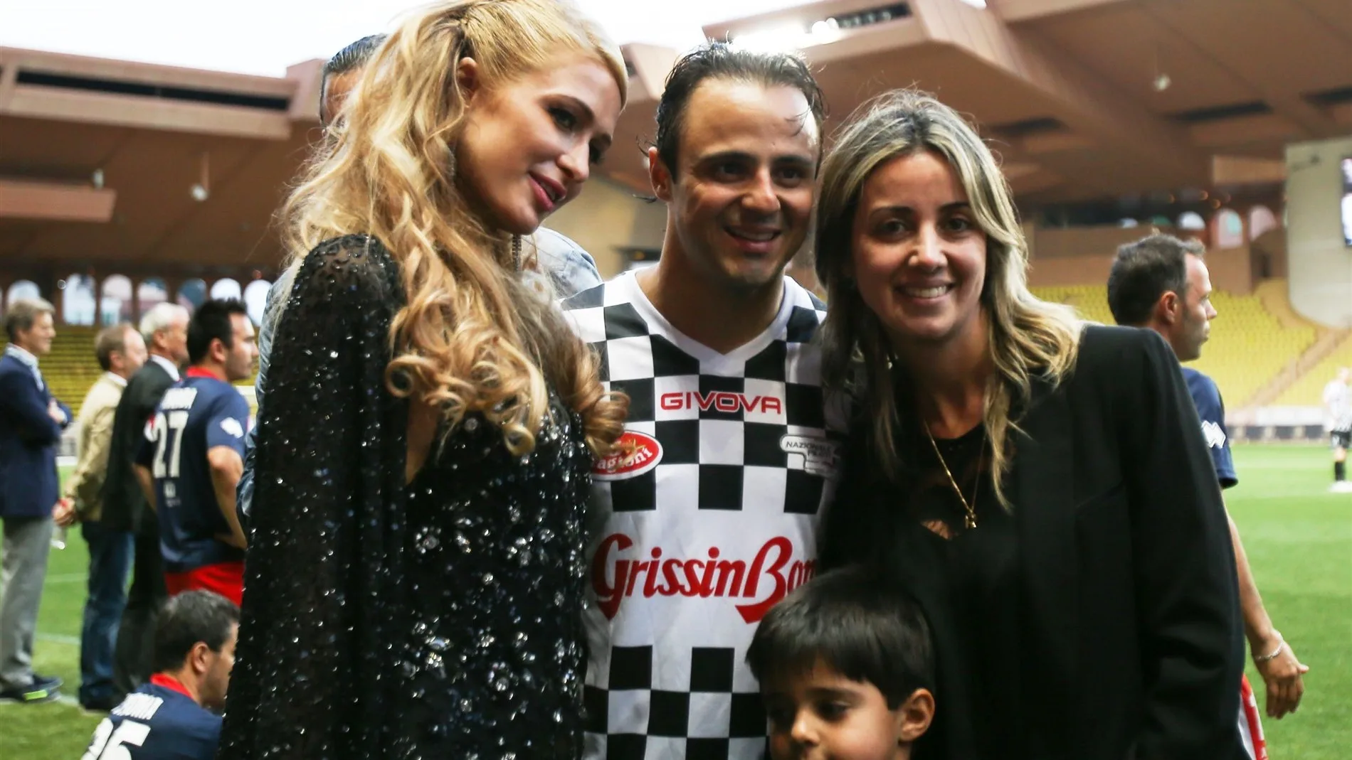 Paris Hilton (USA) with Felipe Massa (BRA) Williams, Rafaela Bassi (BRA) and son Felipinho Massa (BRA) at World Stars Football Match, Stade Luis II, Monaco, Tuesday 19 May 2015. © Sutton Motorsport Images