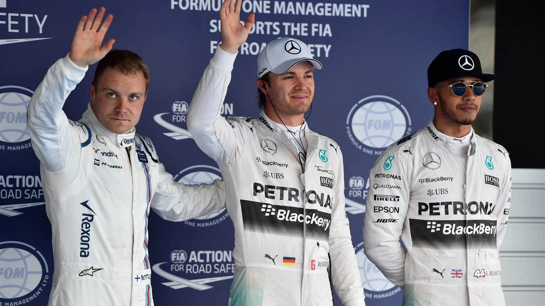 (L to R): Valtteri Bottas (FIN) Williams Pole sitter Nico Rosberg (GER) Mercedes AMG F1 AND Lewis