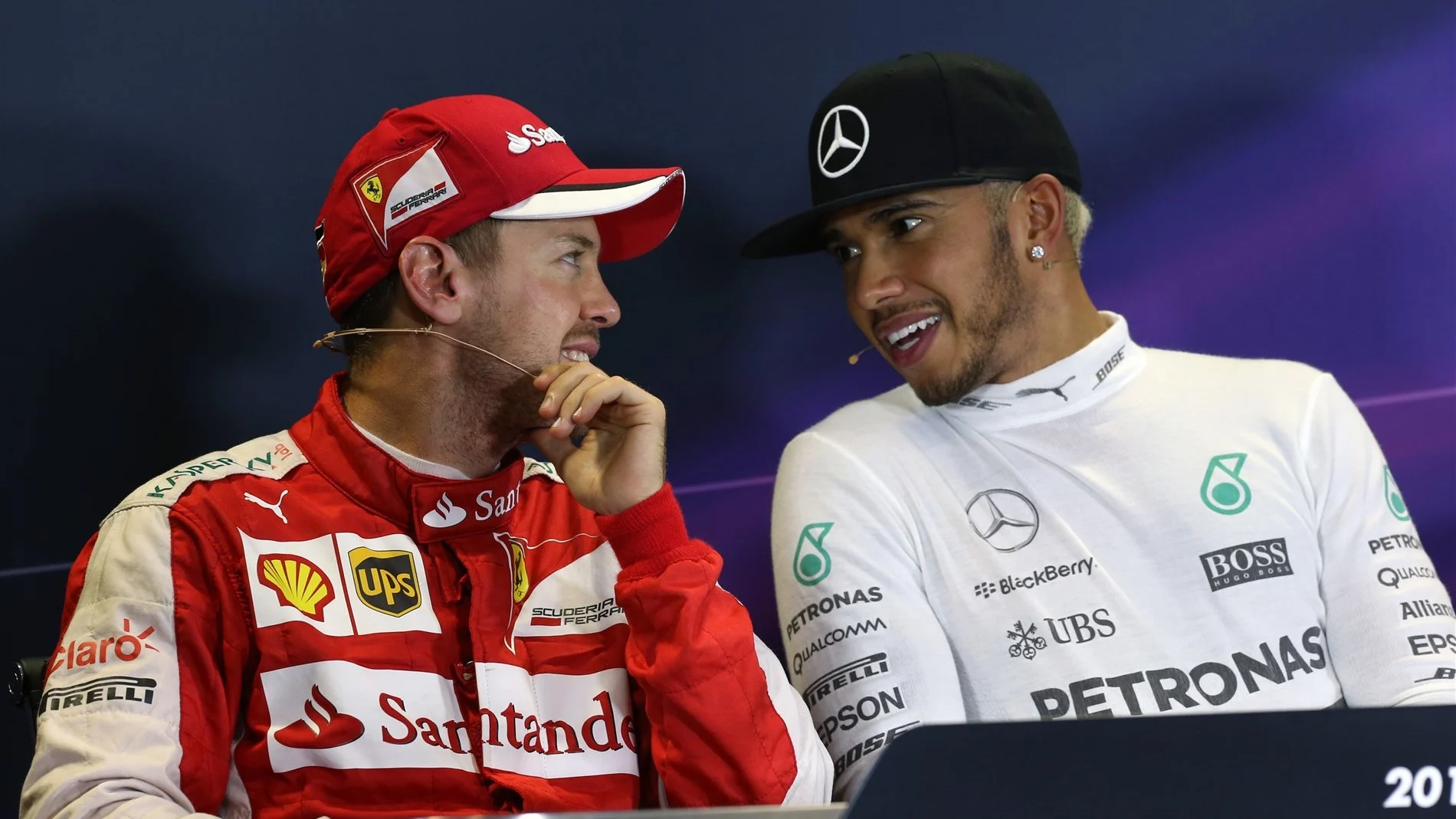 Lewis Hamilton (GBR) Mercedes AMG F1 and Sebastian Vettel (GER) Ferrari in the Press Conference at
