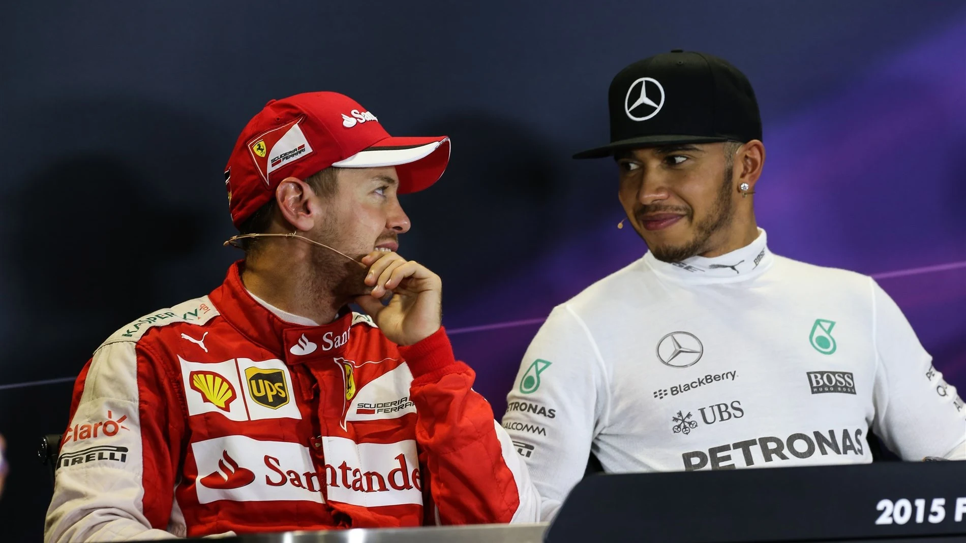 Lewis Hamilton (GBR) Mercedes AMG F1 and Sebastian Vettel (GER) Ferrari in the Press Conference at Formula One World Championship, Rd15, Russian Grand Prix, Race, Sochi Autodrom, Sochi, Krasnodar Krai, Russia, Sunday 11 October 2015. © Sutton Motorsport Images