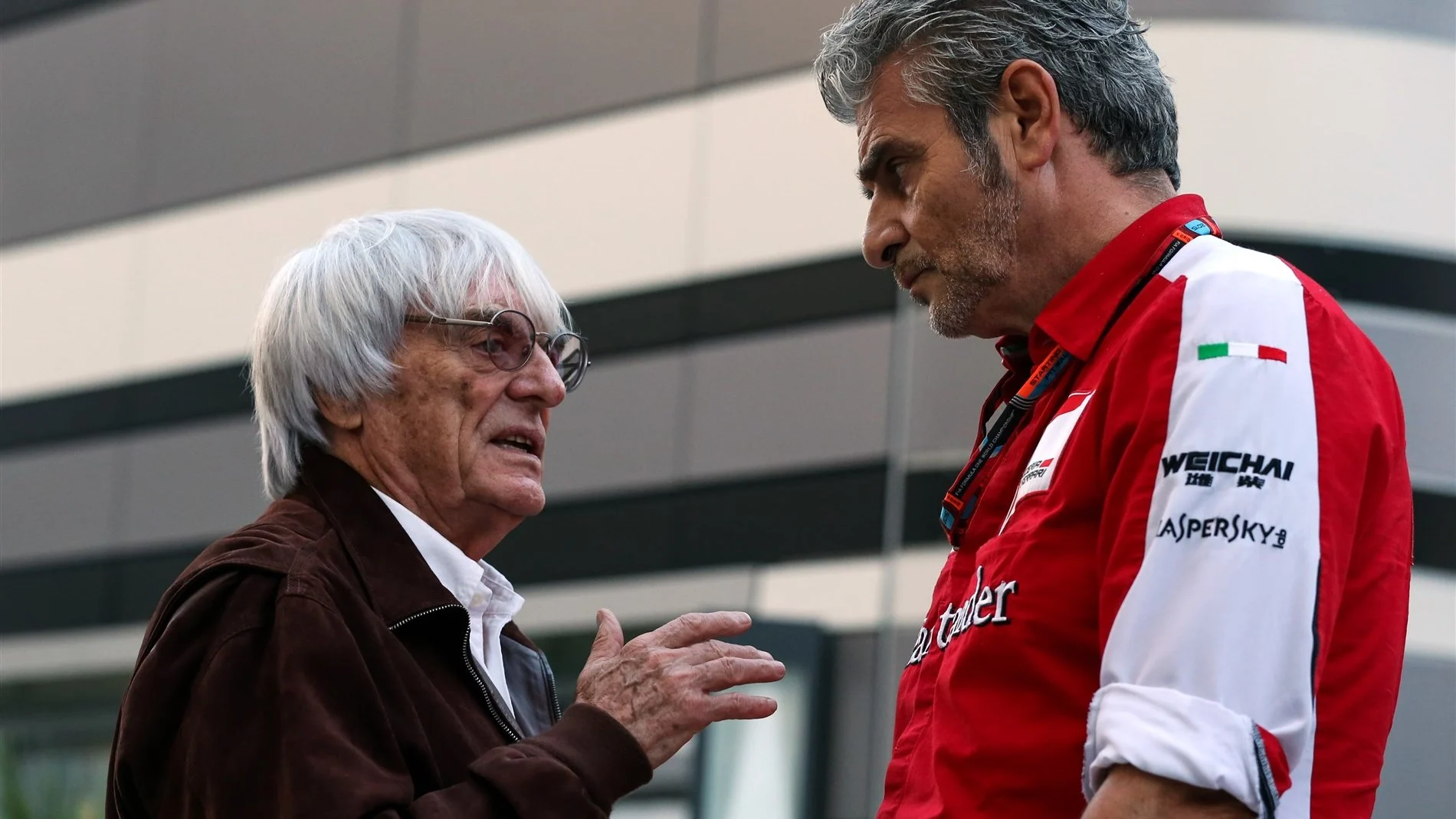 Bernie Ecclestone (GBR) CEO Formula One Group (FOM) and Maurizio Arrivabene (ITA) Ferrari Team