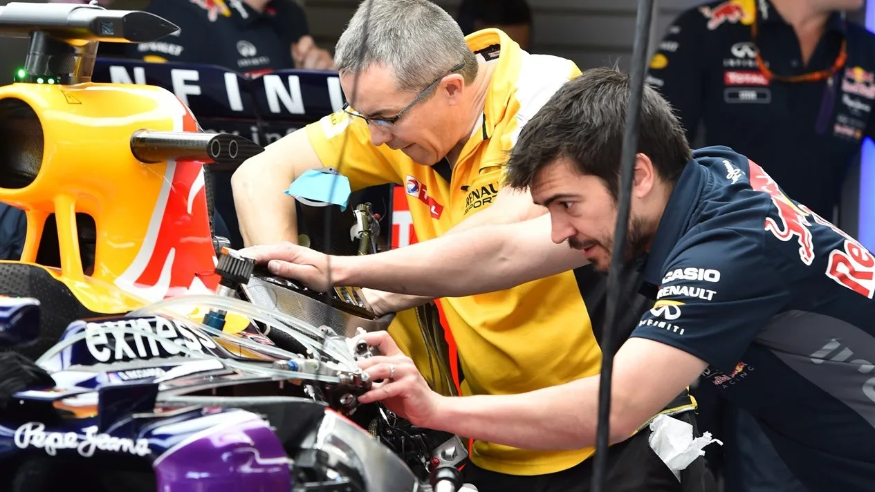 The car of Daniel Ricciardo (AUS) Red Bull Racing RB11 is worked on in the garage at Formula One