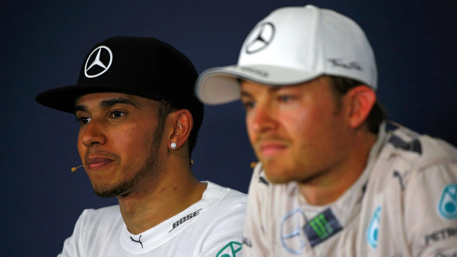 Lewis Hamilton (GBR) Mercedes AMG F1 and Nico Rosberg (GER) Mercedes AMG F1 in the Press Conference at Formula One World Championship, Rd5, Spanish Grand Prix Race, Barcelona, Spain, Sunday 10 May 2015. © Sutton Motorsport Images
