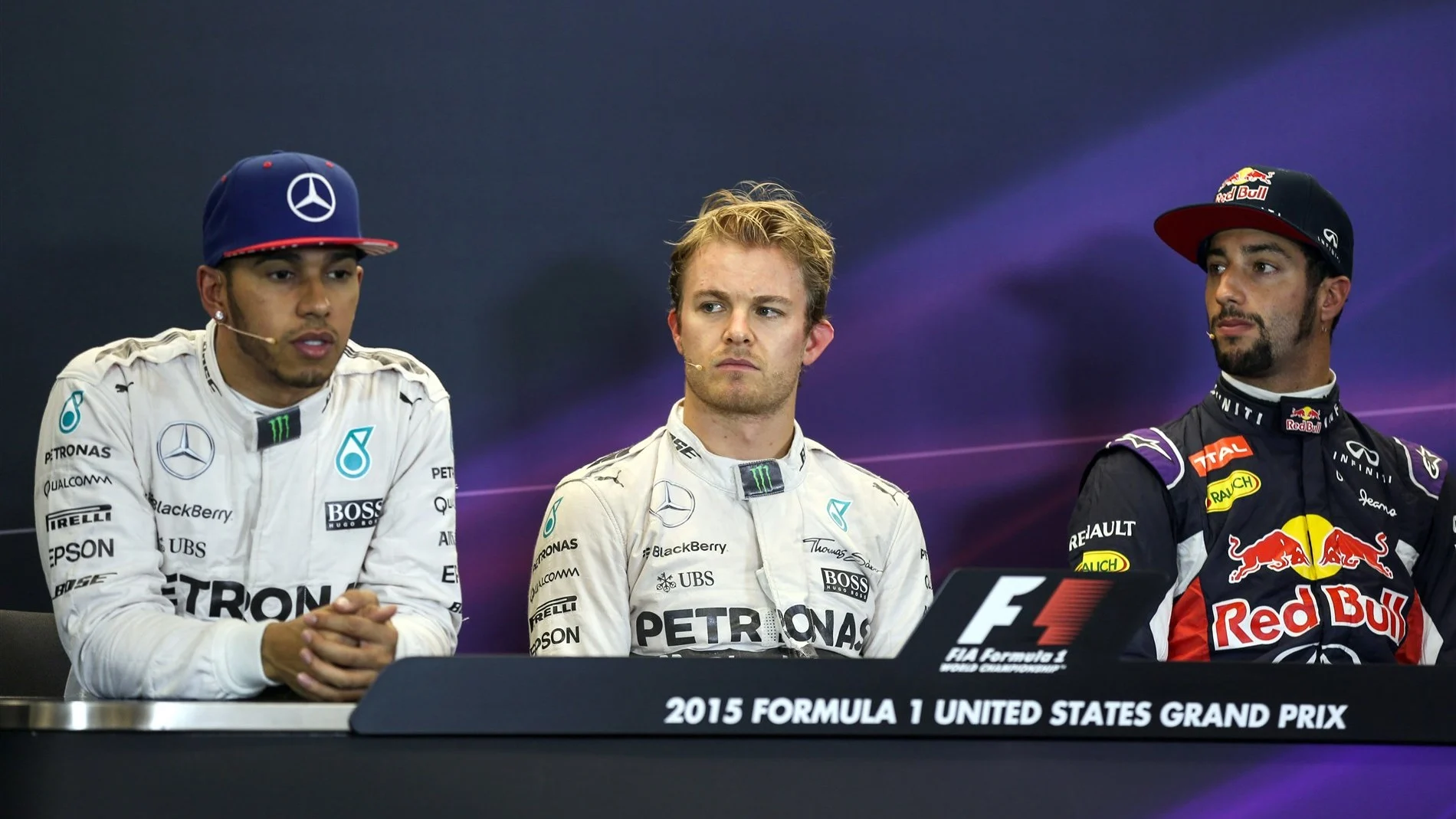 (L to R): Lewis Hamilton (GBR) Mercedes AMG F1, Pole sitter Nico Rosberg (GER) Mercedes AMG F1 and Daniel Ricciardo (AUS) Red Bull Racing in the press conference at Formula One World Championship, Rd16, United States  Grand Prix, Qualifying, Austin, Texas, USA, Sunday 25 October 2015. © Sutton Motorsport Images