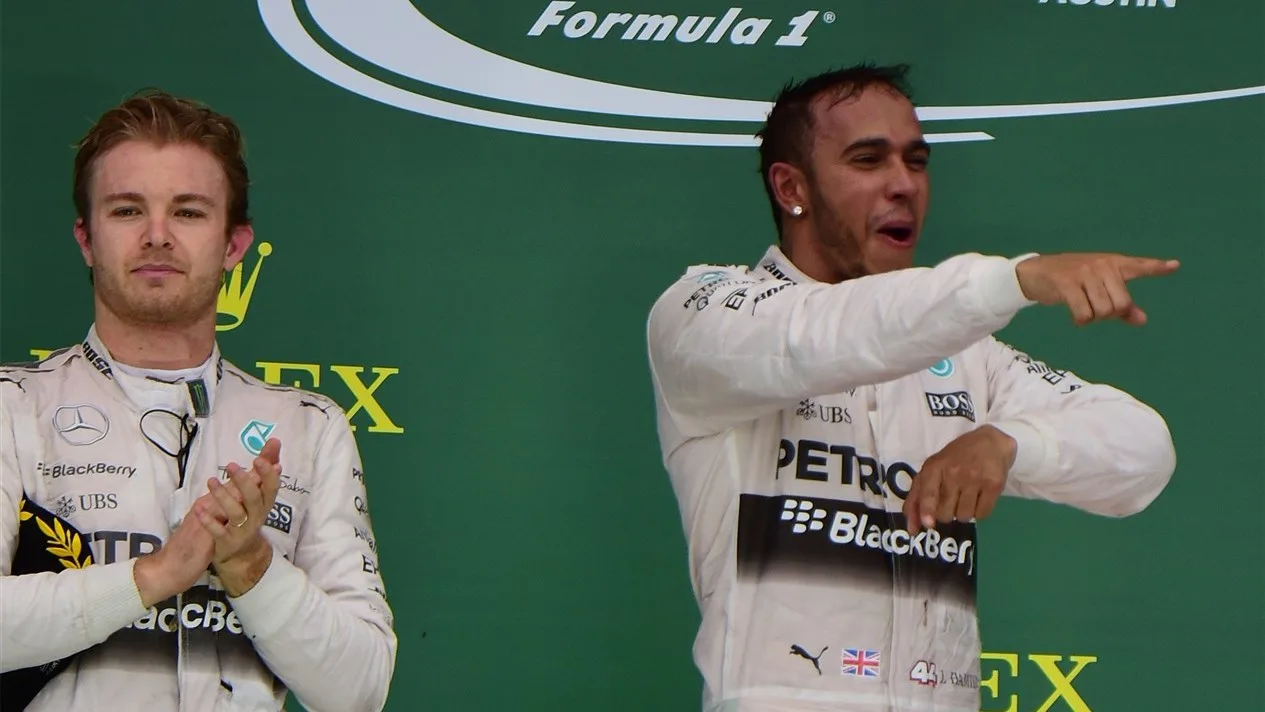 Nico Rosberg (GER) Mercedes AMG F1 and Lewis Hamilton (GBR) Mercedes AMG F1 on the podium at Formula One World Championship, Rd16, United States Grand Prix, Race, Austin, Texas, USA, Sunday 25 October 2015. © Sutton Motorsport Images