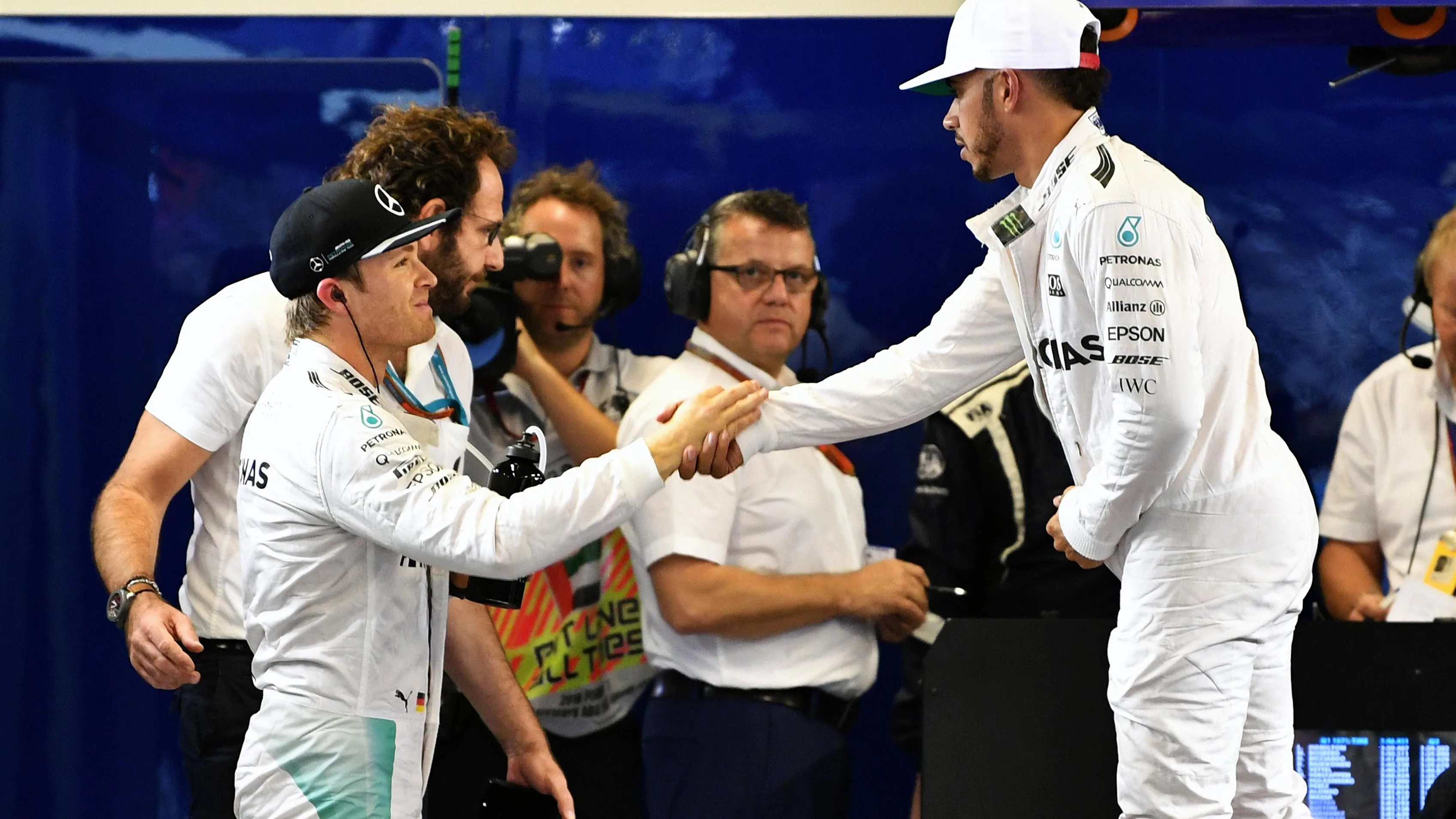 Lewis Hamilton (GBR) Mercedes AMG F1 and Nico Rosberg (GER) Mercedes AMG F1 celebrate and