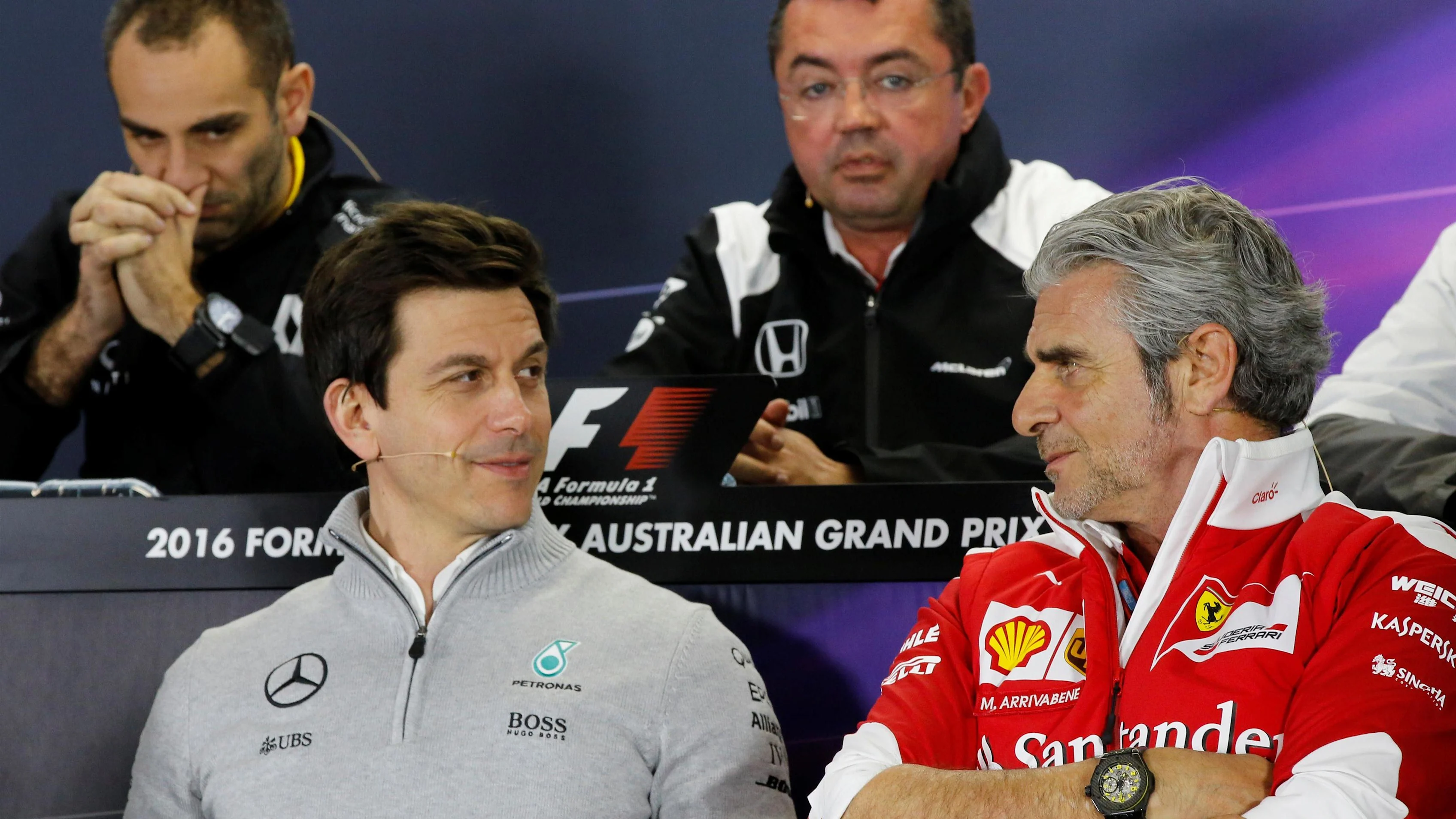 Toto Wolff (AUT) Mercedes AMG F1 Director of Motorsport and Maurizio Arrivabene (ITA) Ferrari Team Principal in the Press Conference at Formula One World Championship, Rd1, Australian Grand Prix, Practice, Albert Park, Melbourne, Australia, Friday 18 March 2016. © Sutton Motorsport Images