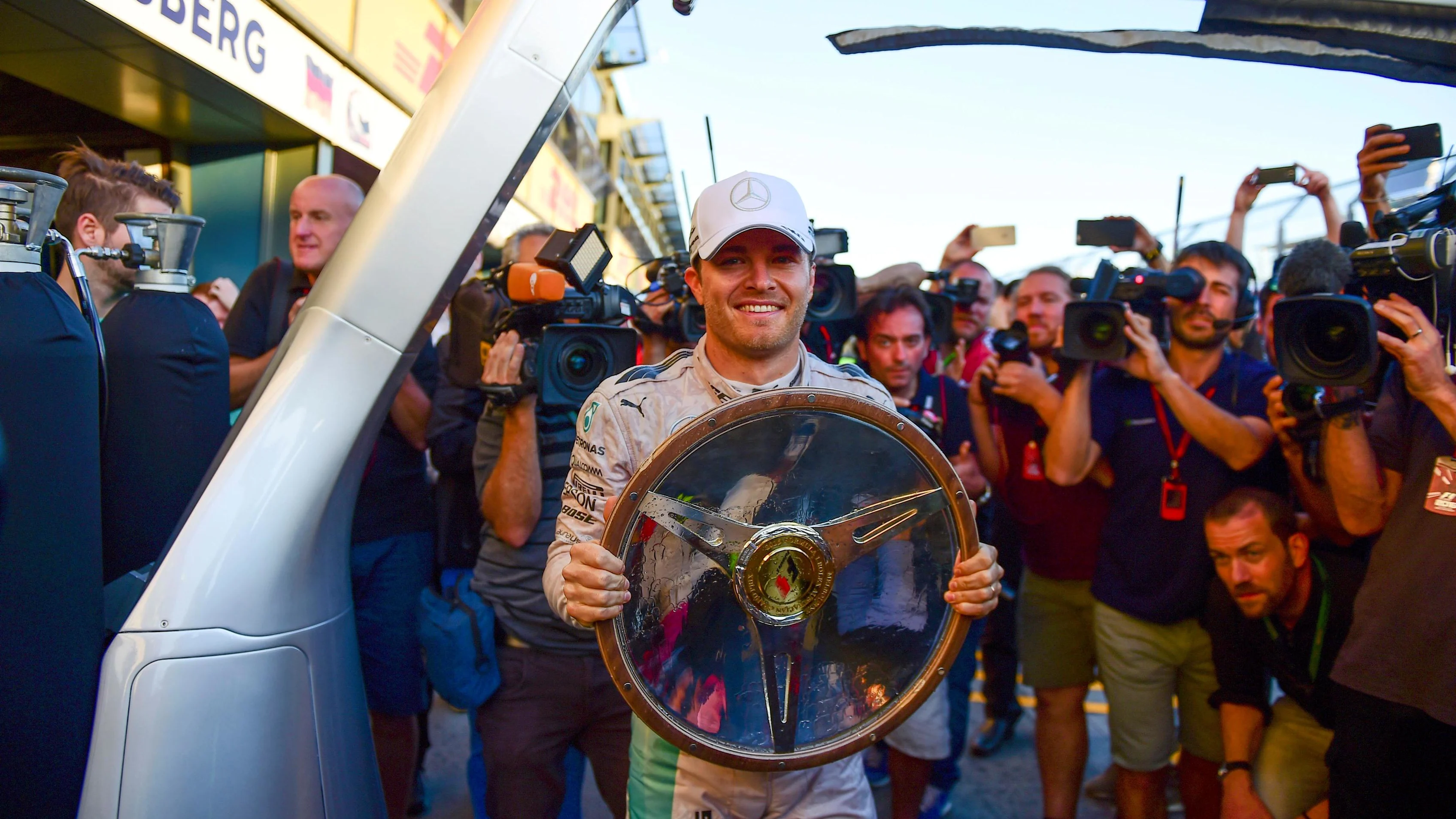 Race winner Nico Rosberg (GER) Mercedes AMG F1 celebrates with the trophy at at Formula One World