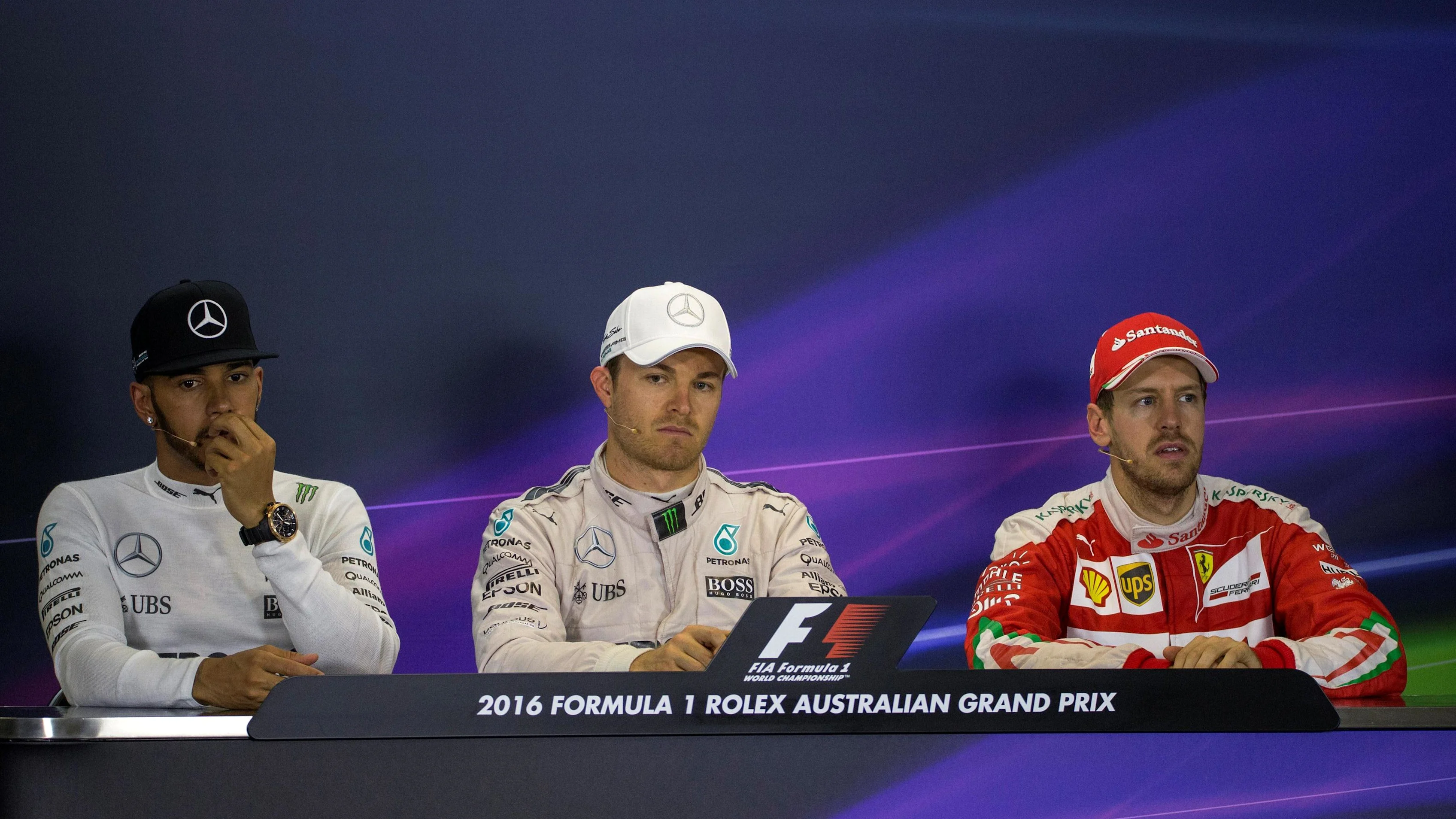 Lewis Hamilton (GBR) Mercedes AMG F1, Nico Rosberg (GER) Mercedes AMG F1 and Sebastian Vettel (GER) Scuderia Ferrari in the press conference at Formula One World Championship, Rd1, Australian Grand Prix, Race, Albert Park, Melbourne, Australia, Sunday 20 March 2016. © Sutton Motorsport Images