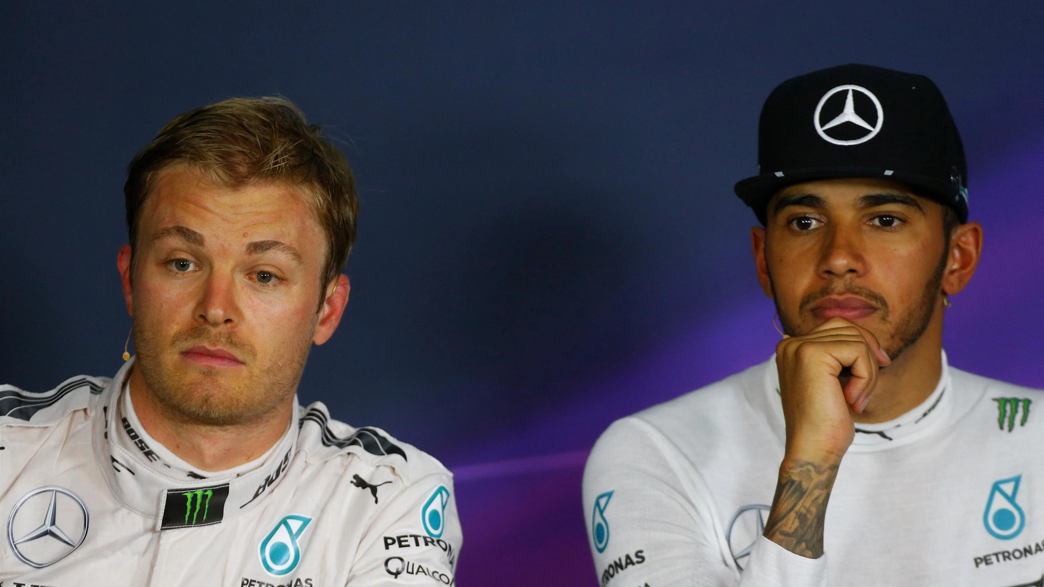 Nico Rosberg (GER) Mercedes AMG F1 and pole sitter Lewis Hamilton (GBR) Mercedes AMG F1 in the