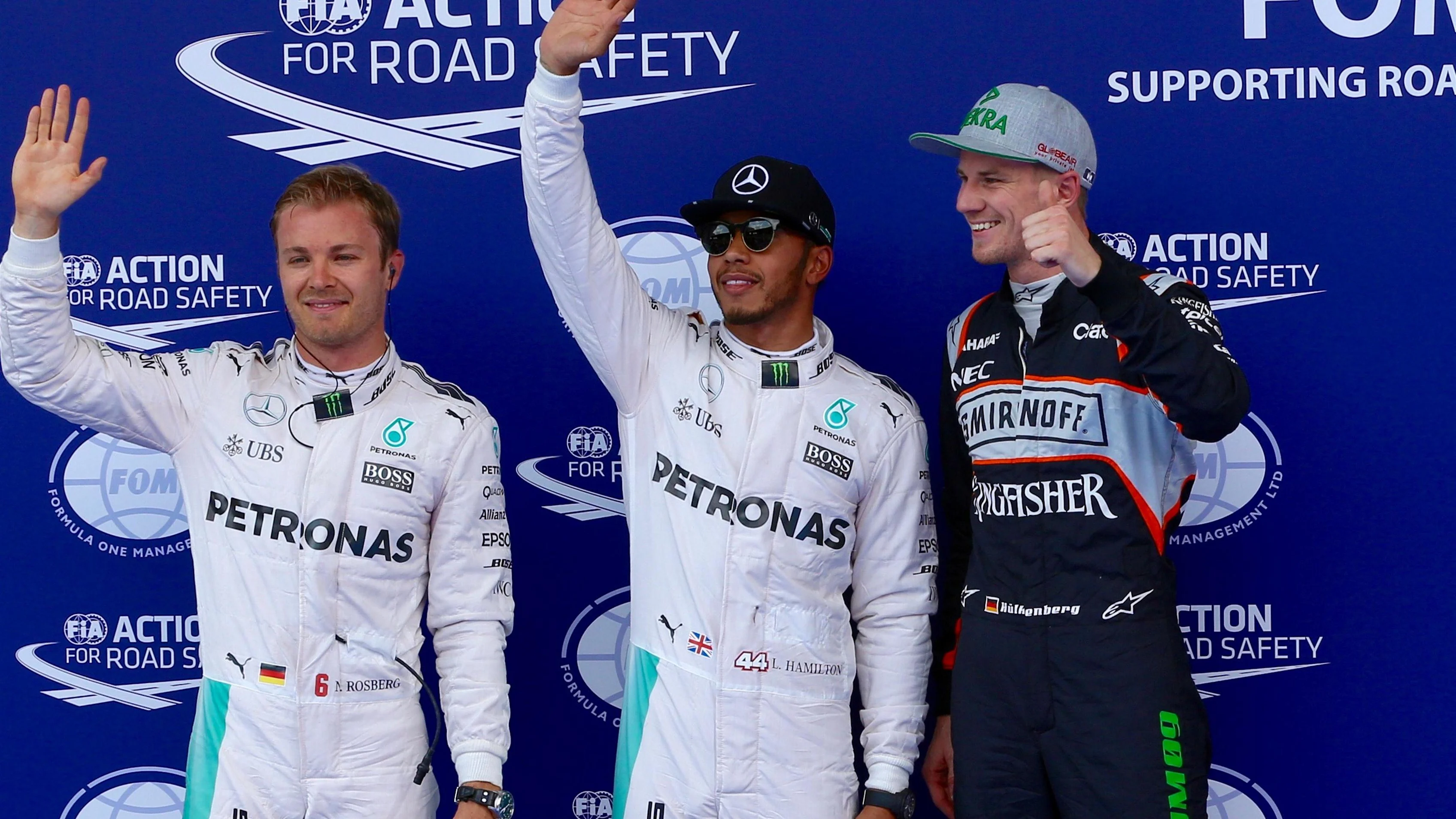 Nico Rosberg (GER) Mercedes AMG F1, pole sitter Lewis Hamilton (GBR) Mercedes AMG F1 and Nico