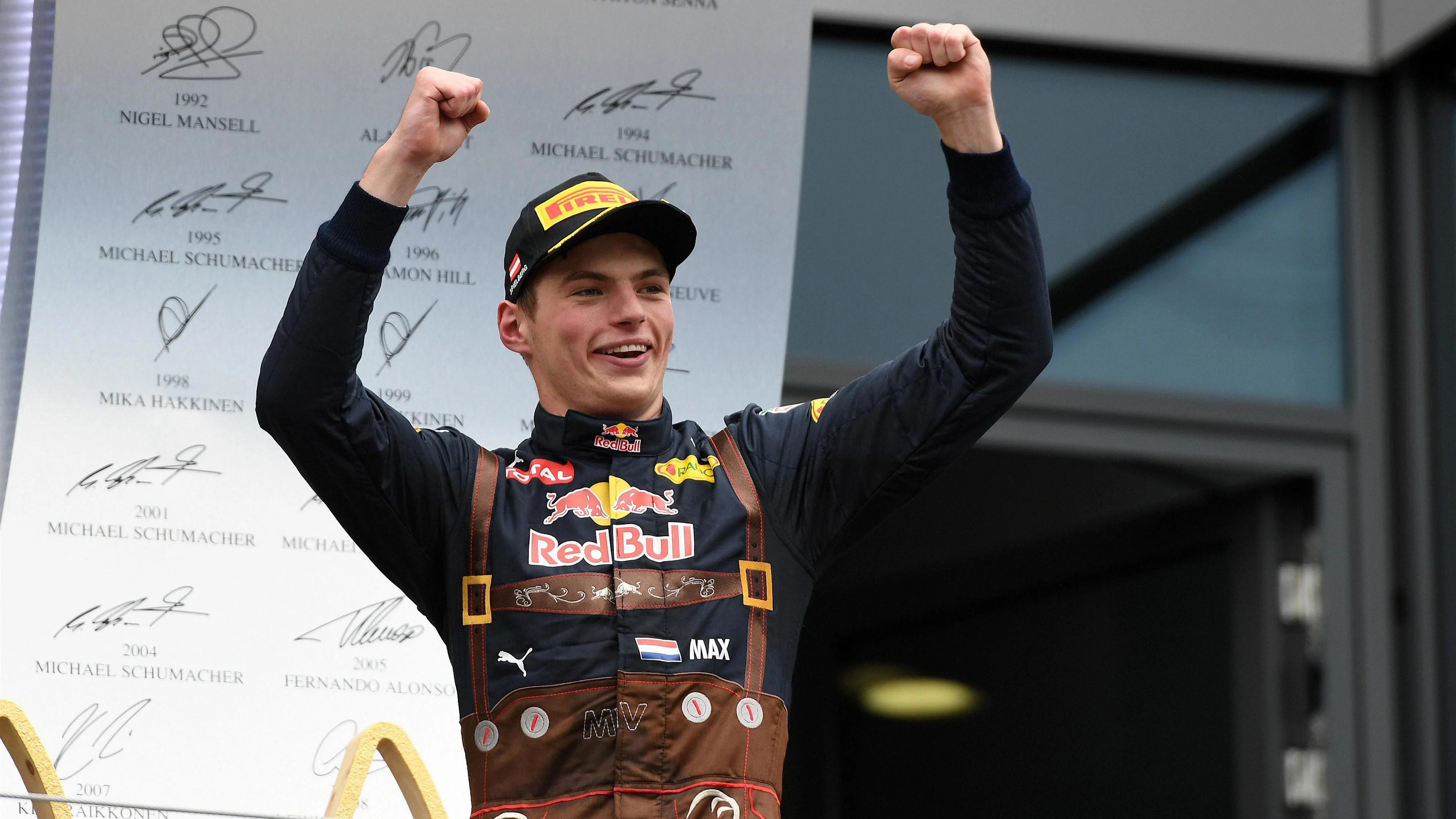 Max Verstappen (NED) Red Bull Racing celebrates on the podium at Formula One World Championship,