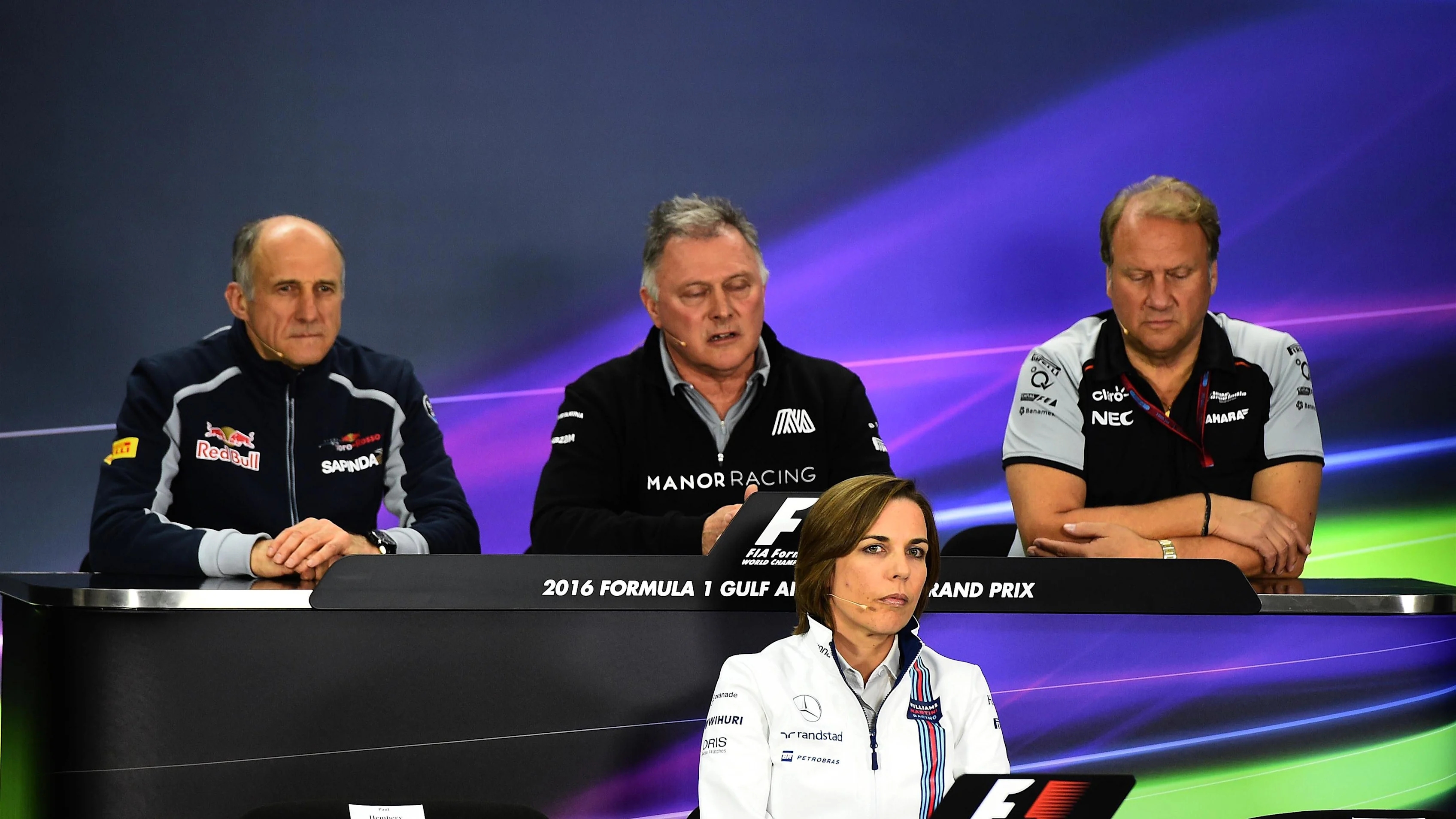 (L to R): Franz Tost (AUT) Scuderia Toro Rosso Team Principal, Dave Ryan (GBR) Manor Racing Racing Director, Robert Fearnley (GBR) Force India F1 Team Deputy Team Principal and Claire Williams (GBR) Williams Deputy Team Principal in the Press Conference at Formula One World Championship, Rd2, Bahrain Grand Prix Practice, Bahrain International Circuit, Sakhir, Bahrain, Friday 1 April 2016. © Sutton Motorsport Images