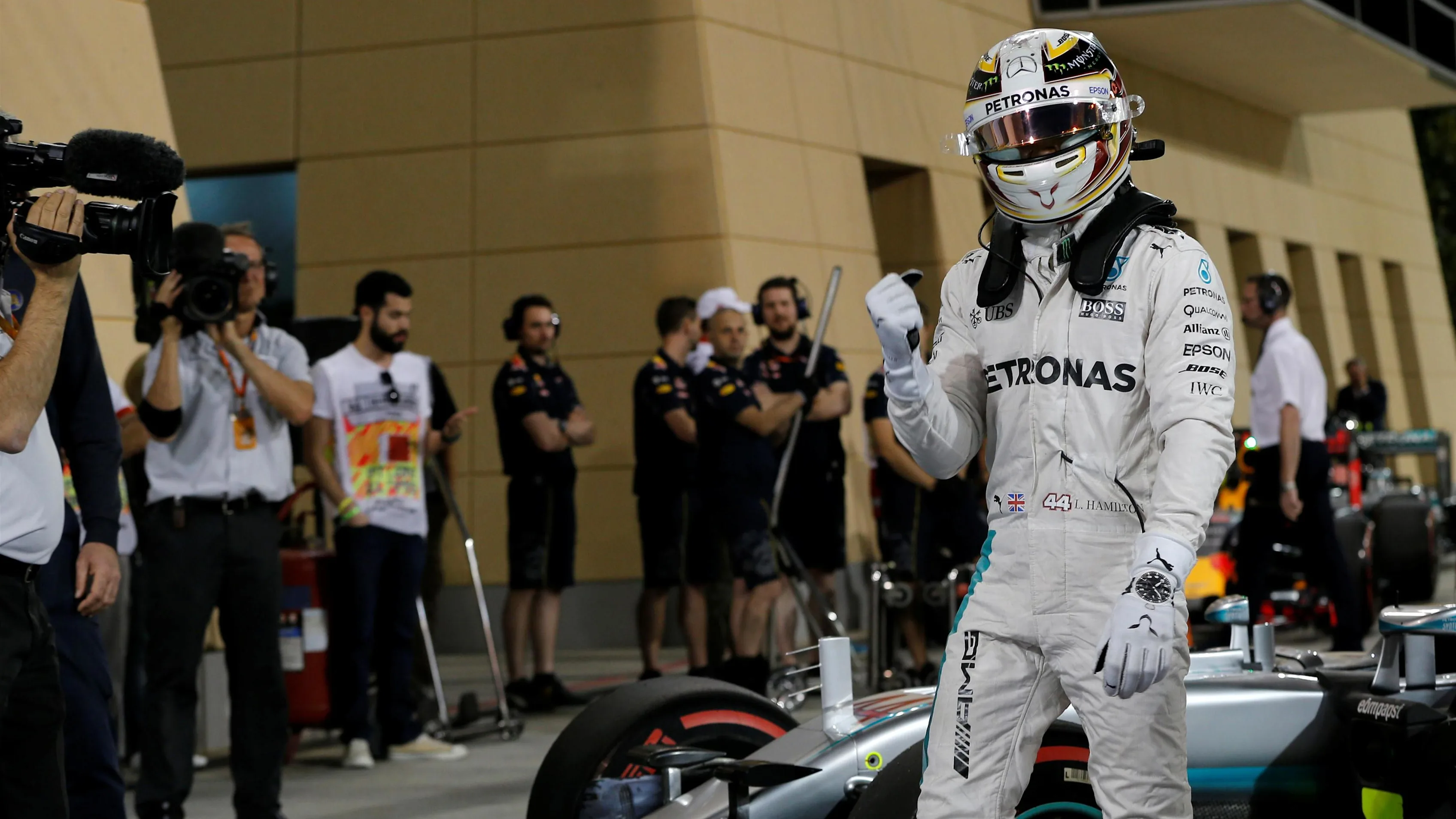Pole sitter Lewis Hamilton (GBR) Mercedes AMG F1 celebrates in parc ferme at Formula One World