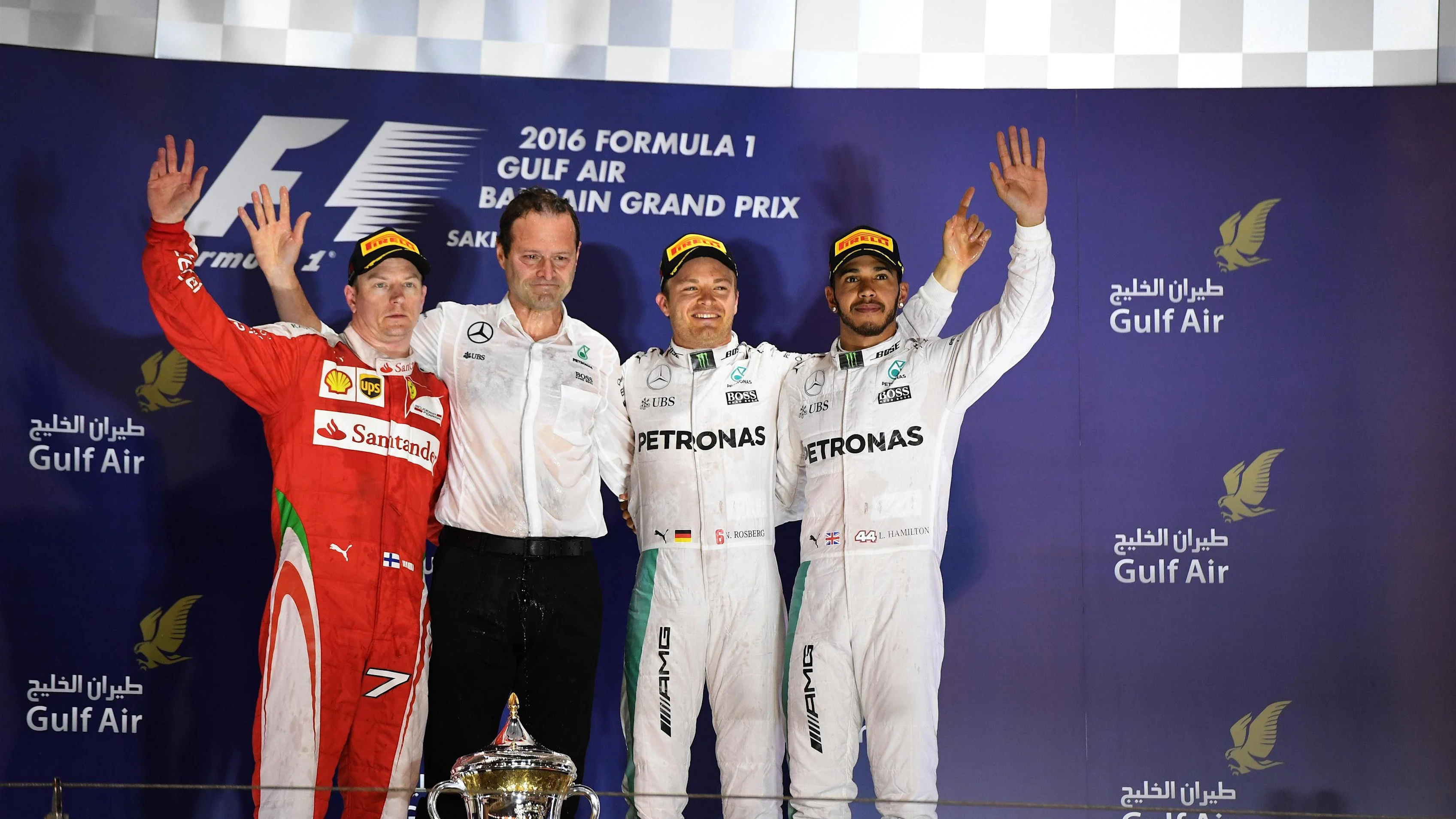 (L to R): Kimi Raikkonen (FIN) Ferrari, Aldo Costa (ITA) Mercedes AMG F1 Engineering Director, Nico Rosberg (GER) Mercedes AMG F1 and Lewis Hamilton (GBR) Mercedes AMG F1 celebrate on the podium at Formula One World Championship, Rd2, Bahrain Grand Prix Race, Bahrain International Circuit, Sakhir, Bahrain, Sunday 3 April 2016. © Sutton Motorsport Images