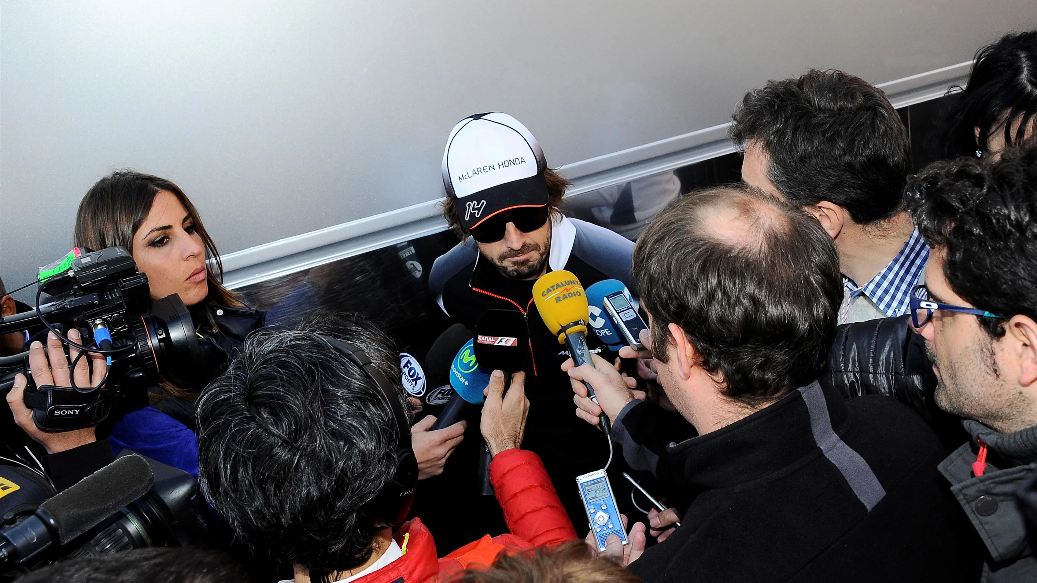 Fernando Alonso (ESP) McLaren talks with the media at Formula One Testing, Day Three, Barcelona,