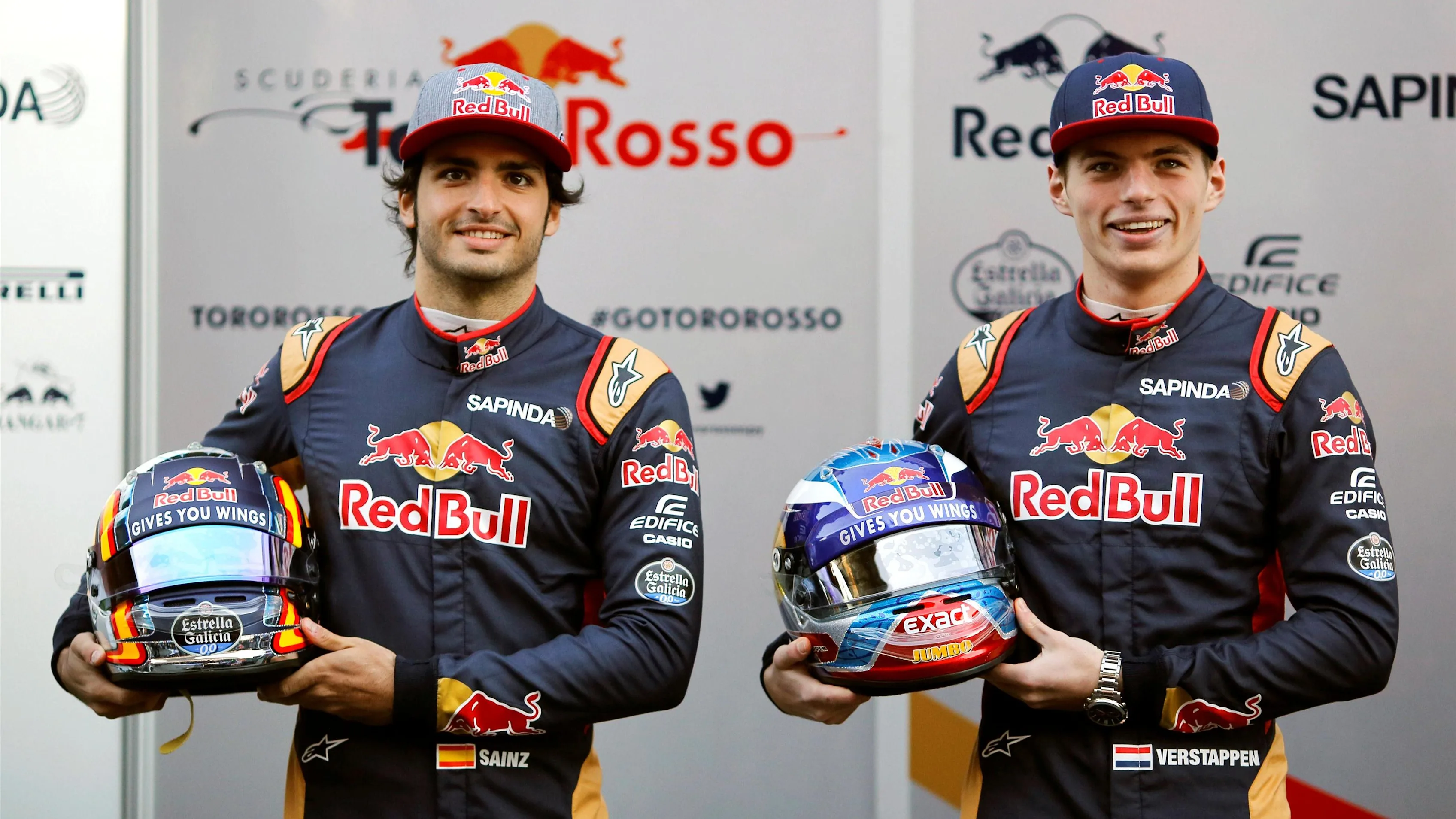 Max Verstappen (NDL) Scuderia Toro Rosso and Carlos Sainz jr (ESP) Scuderia Toro Rosso at Formula
