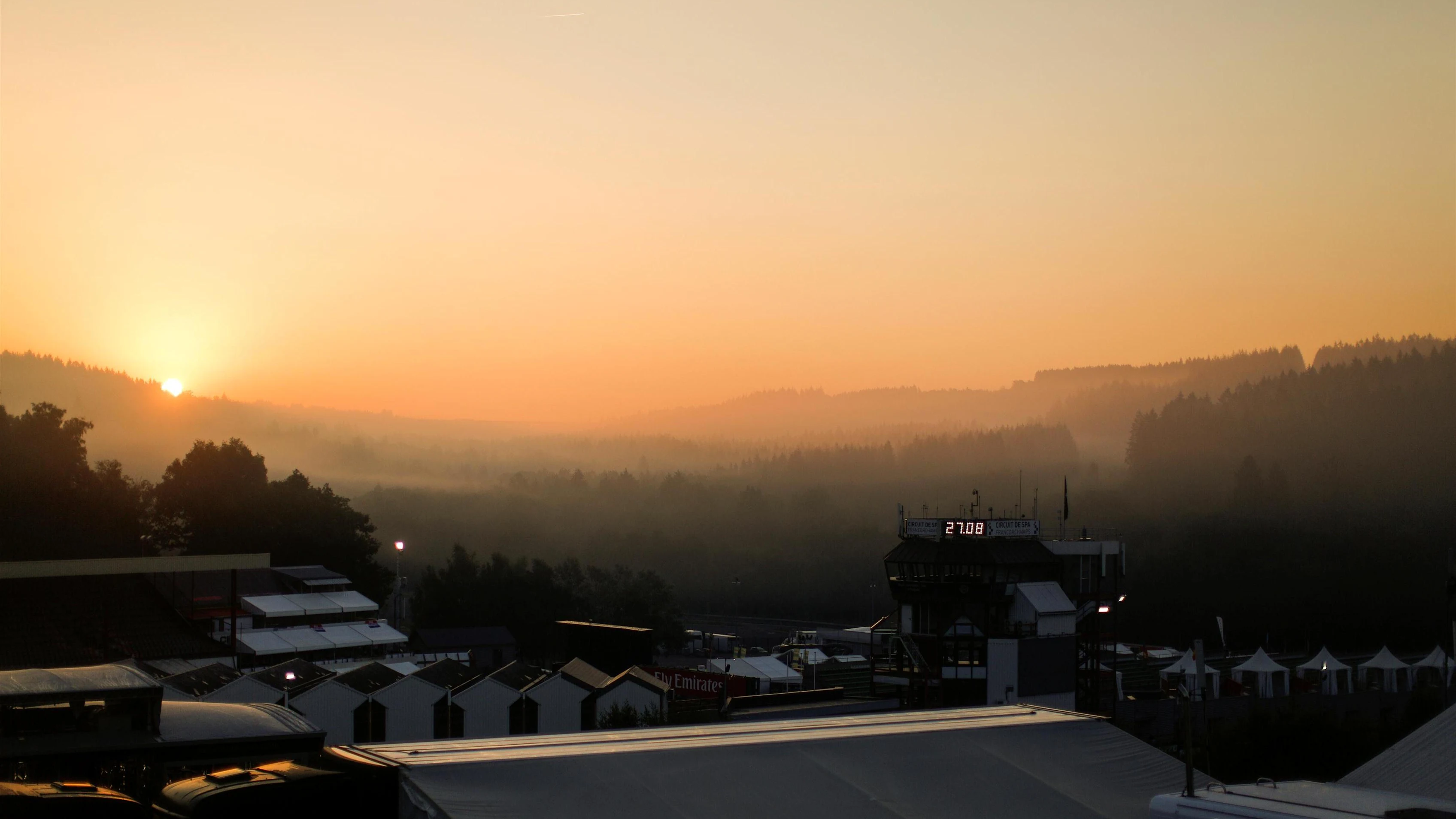Sunrise over the Paddock at Formula One World Championship, Rd13, Belgian Grand Prix, Qualifying, Spa Francorchamps, Belgium, Saturday 27 August 2016. © Sutton Images