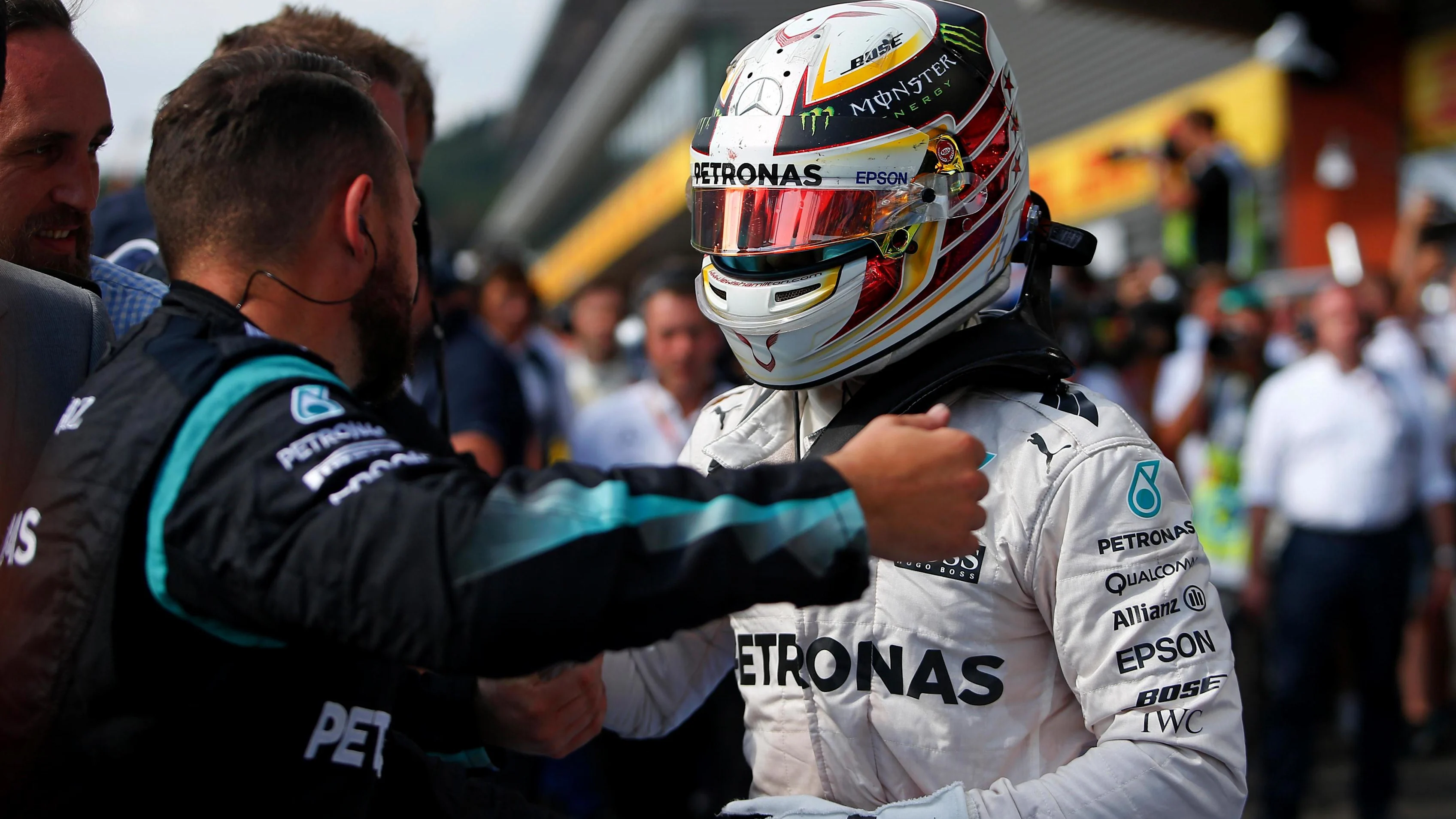 Lewis Hamilton (GBR) Mercedes AMG F1 celebrates in Parc ferme at Formula One World Championship,