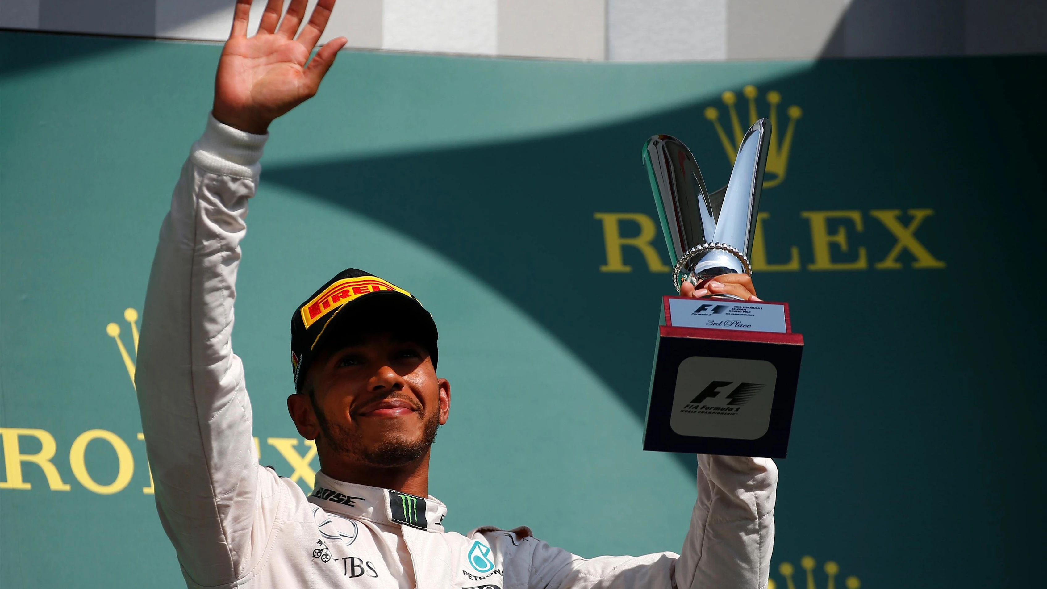 Lewis Hamilton (GBR) Mercedes AMG F1 celebrates on the podium with the trophy at Formula One World Championship, Rd13, Belgian Grand Prix, Race, Spa Francorchamps, Belgium, Sunday 28 August 2016. © Sutton Images