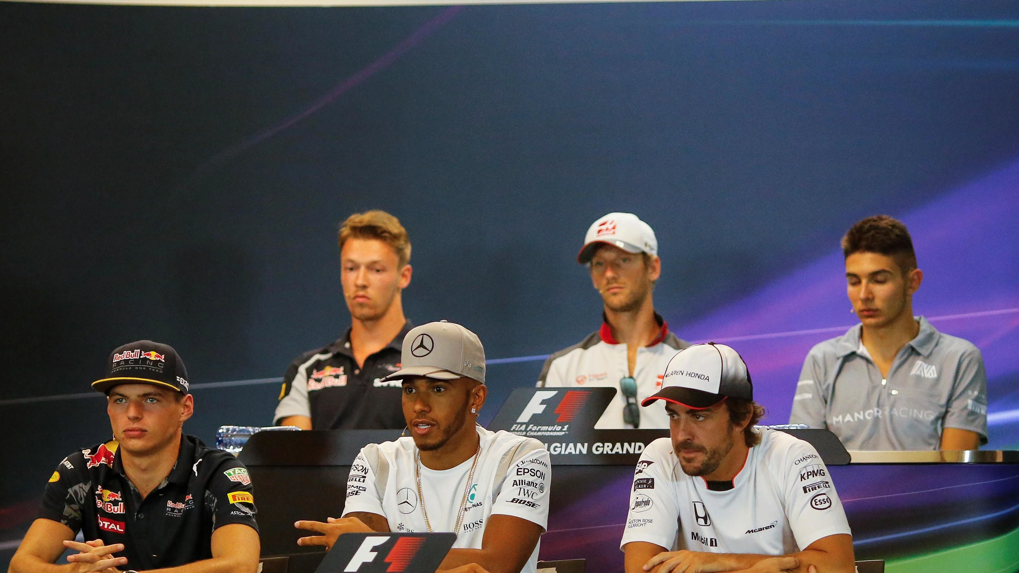 ler Daniil Kvyat (RUS) Scuderia Toro Rosso, Romain Grosjean (FRA) Haas F1, Esteban Ocon (FRA) Manor Racing, Max Verstappen (NED) Red Bull Racing, Lewis Hamilton (GBR) Mercedes AMG F1  and Fernando Alonso (ESP) McLaren in the Press Conference at Formula One World Championship, Rd13, Belgian Grand Prix, Preparations, Spa Francorchamps, Belgium, Thursday 25 August 2016. © Sutton Images