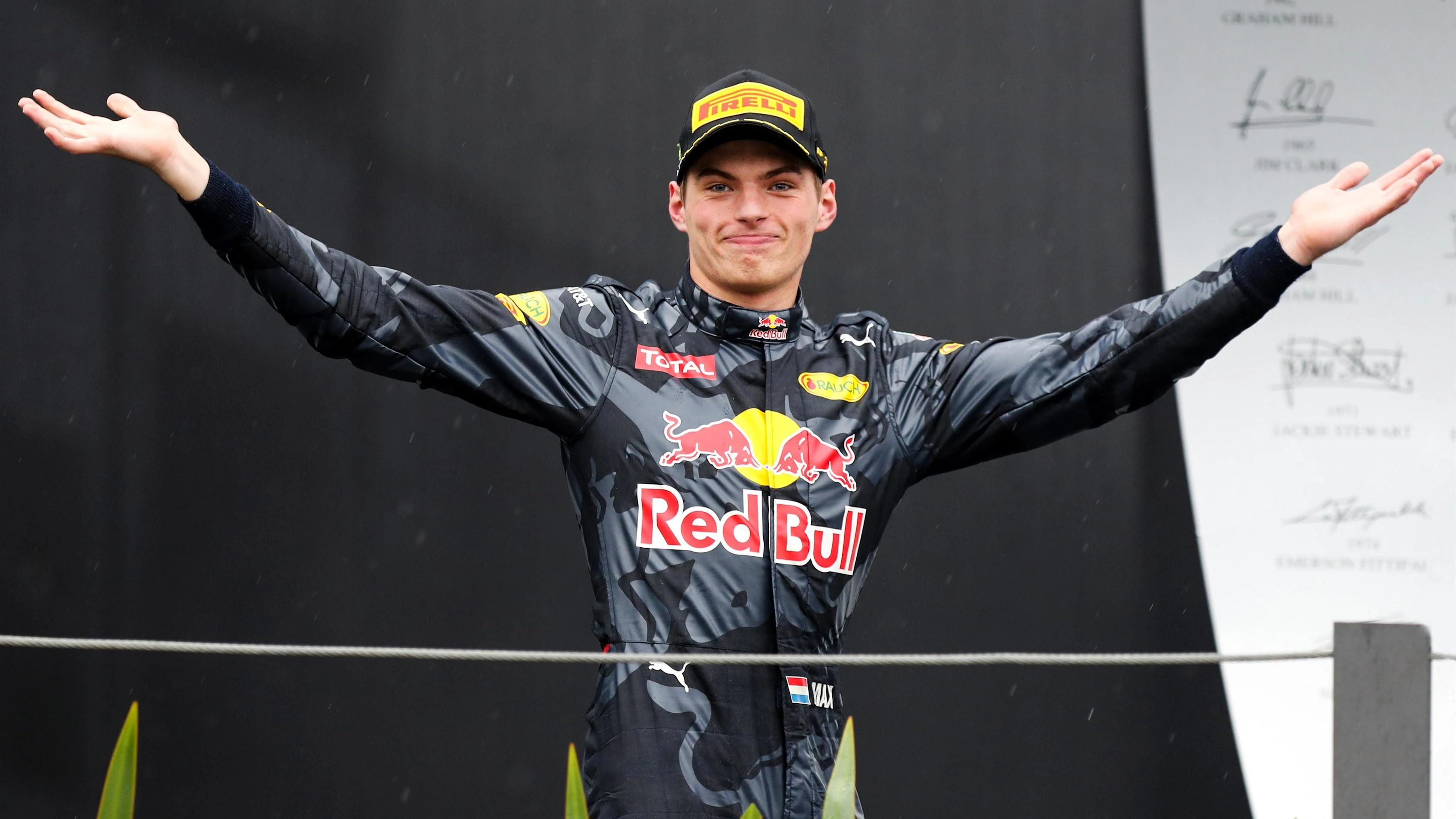 Max Verstappen (NED) Red Bull Racing celebrates on the podium at Formula One World Championship,