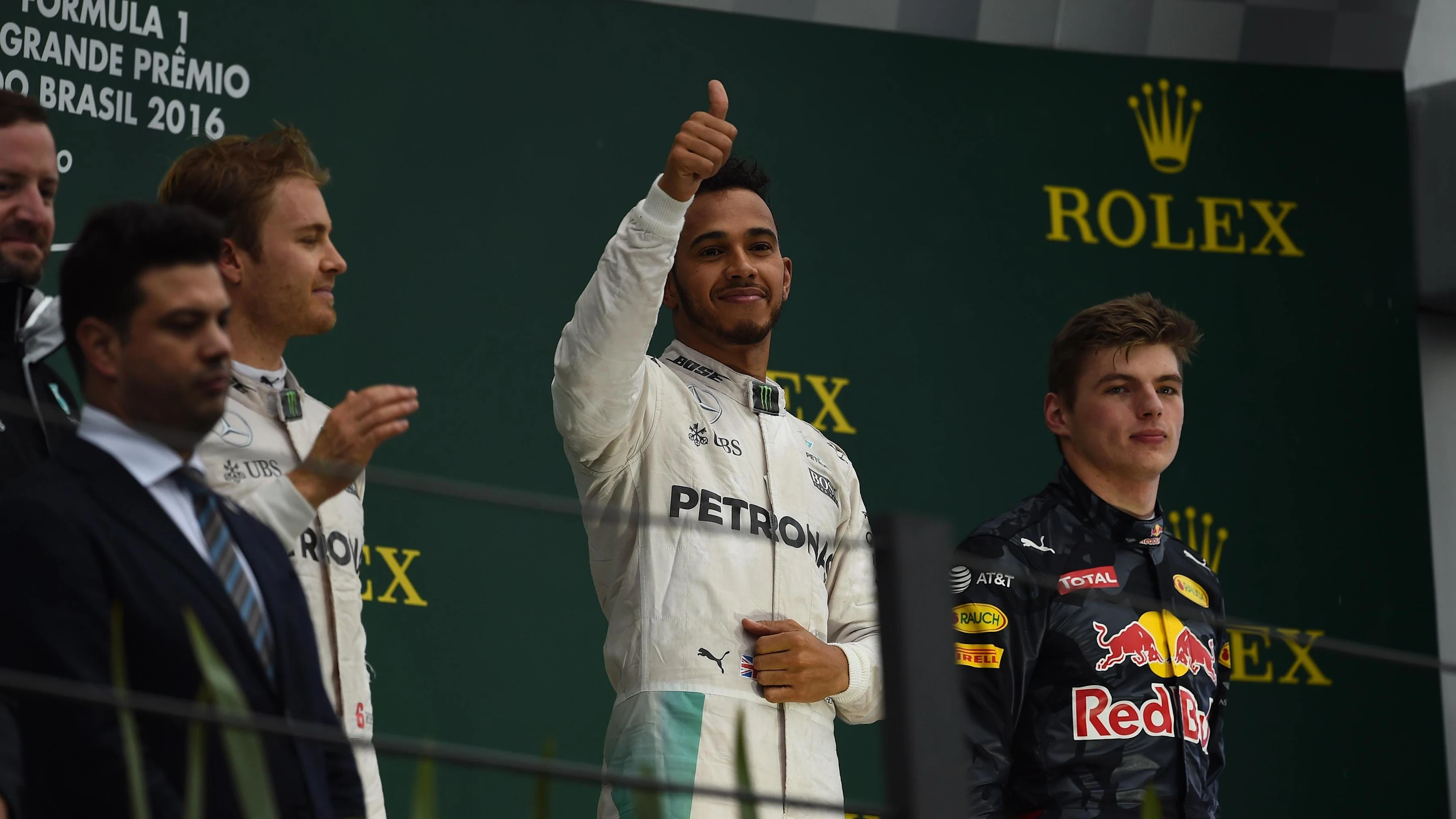 Lewis Hamilton (GBR) Mercedes AMG F1 celebrates on the podium at Formula One World Championship, Rd20, Brazilian Grand Prix, Race, Interlagos, Sao Paulo, Brazil, Sunday 13 November 2016. © Sutton Images