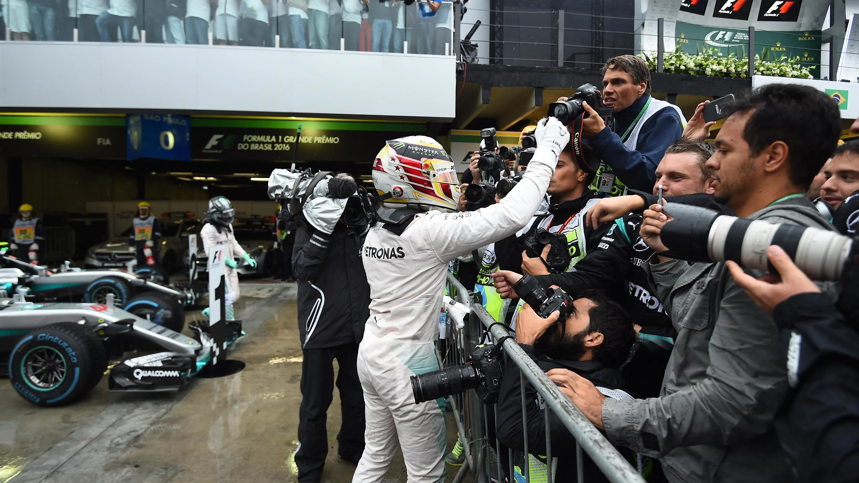 Lewis Hamilton (GBR) Mercedes AMG F1 celebrates in parc ferme at Formula One World Championship,