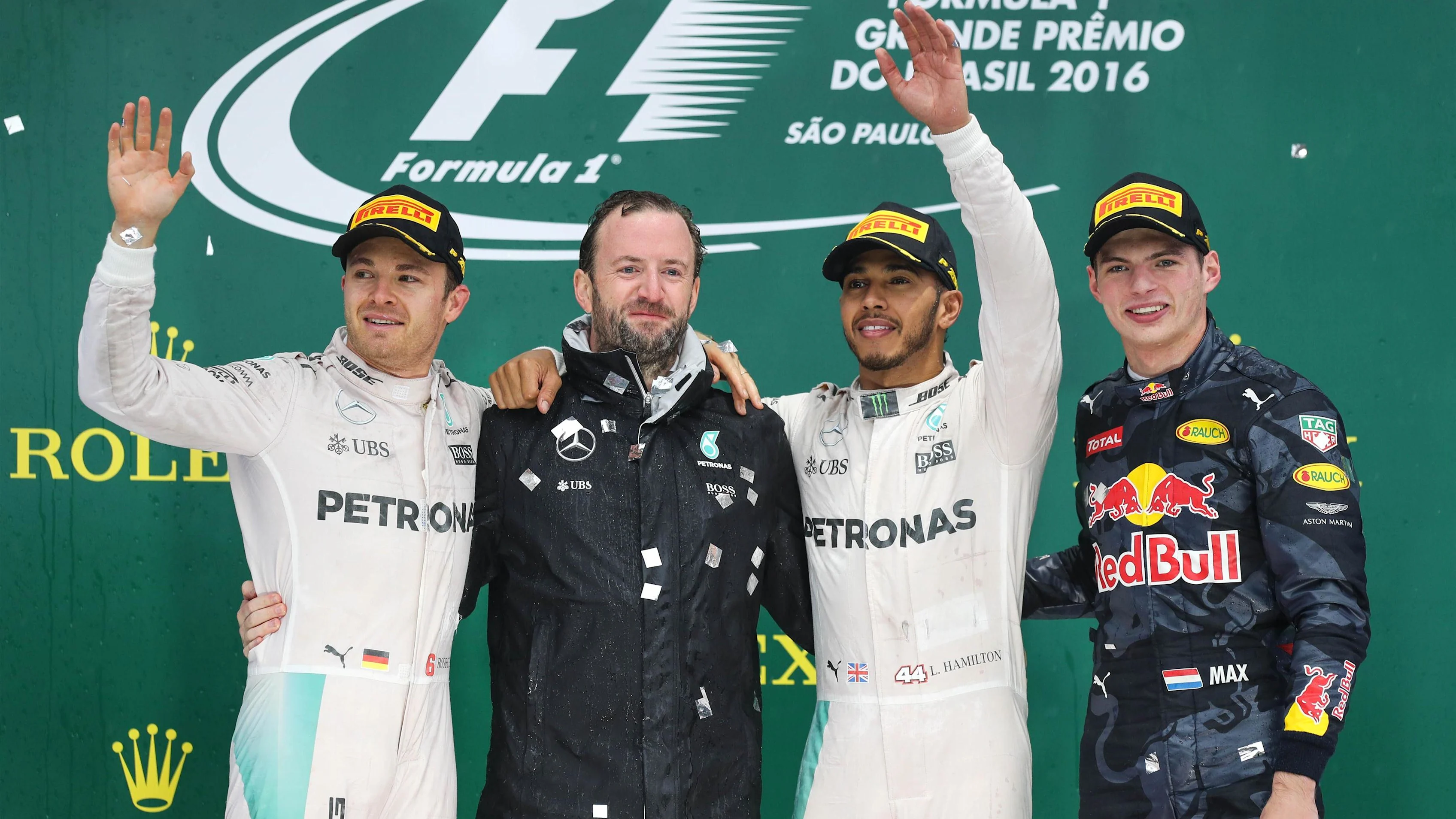 (L to R): Nico Rosberg (GER) Mercedes AMG F1, Bradley Lord (GBR) Mercedes AMG F1 Communication Manager, Lewis Hamilton (GBR) Mercedes AMG F1 and Max Verstappen (NED) Red Bull Racing celebrate on the podium at Formula One World Championship, Rd20, Brazilian Grand Prix, Race, Interlagos, Sao Paulo, Brazil, Sunday 13 November 2016. © Sutton Images
