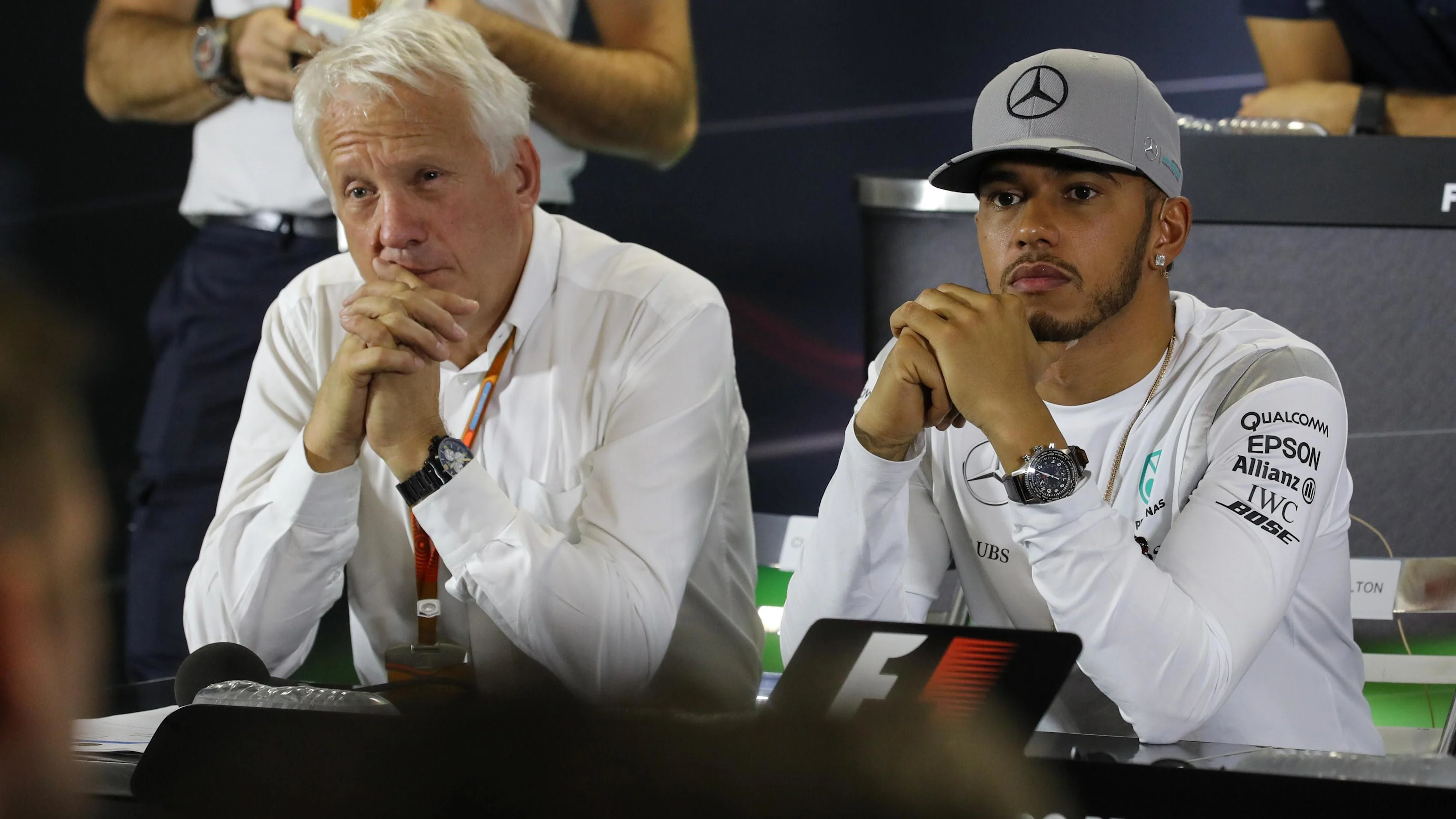 Charlie Whiting (GBR) FIA Delegate and Lewis Hamilton (GBR) Mercedes AMG F1 in the Press Conference at Formula One World Championship, Rd20, Brazilian Grand Prix, Preparations, Interlagos, Sao Paulo, Brazil, Thursday 10 November 2016. © Sutton Images
