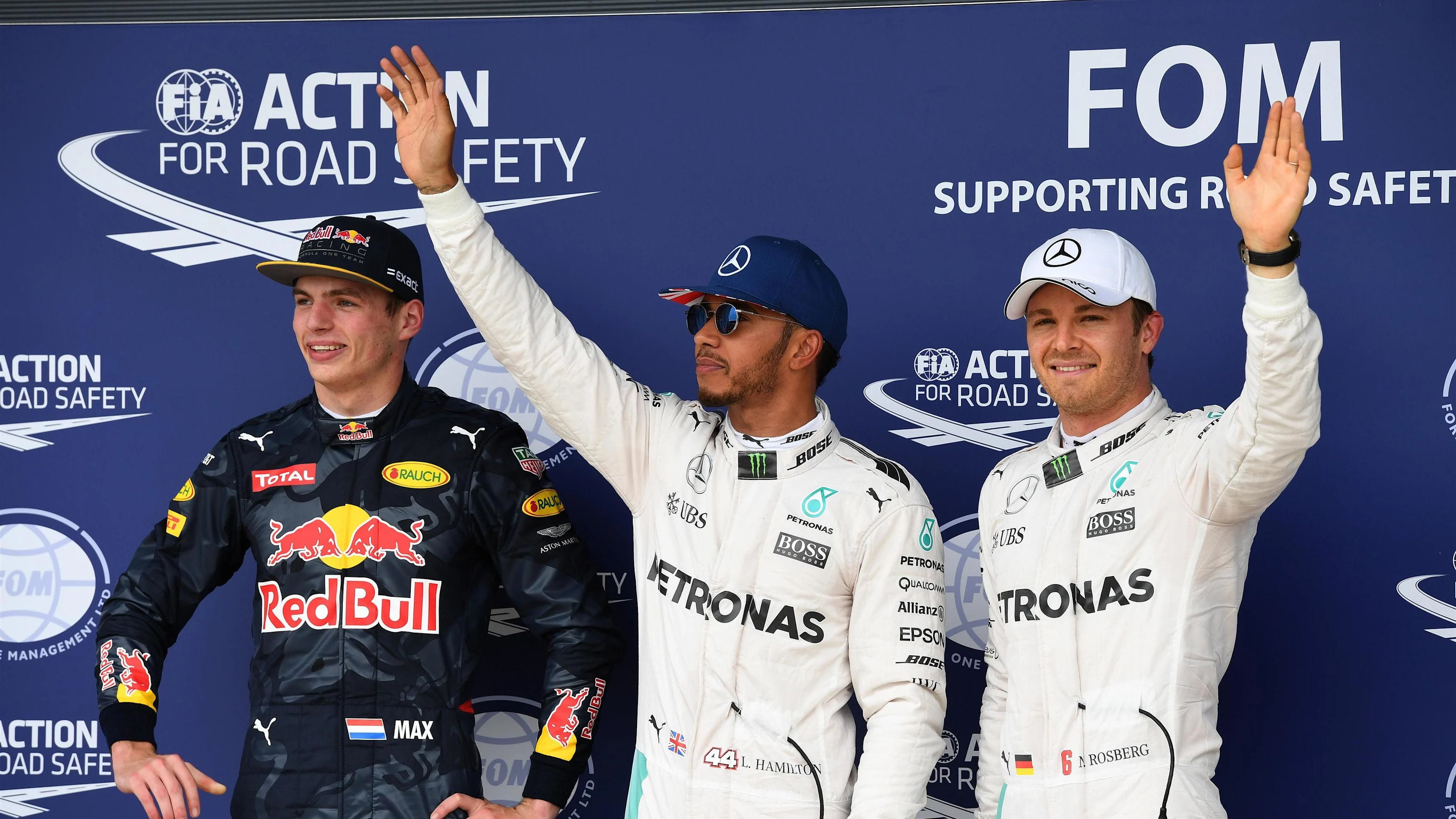 (L to R): Max Verstappen (NED) Red Bull Racing, pole sitter Lewis Hamilton (GBR) Mercedes AMG F1 and Nico Rosberg (GER) Mercedes AMG F1 celebrate in parc ferme at Formula One World Championship, Rd10, British Grand Prix, Qualifying, Silverstone, England, Saturday 9 July 2016. © Sutton Images