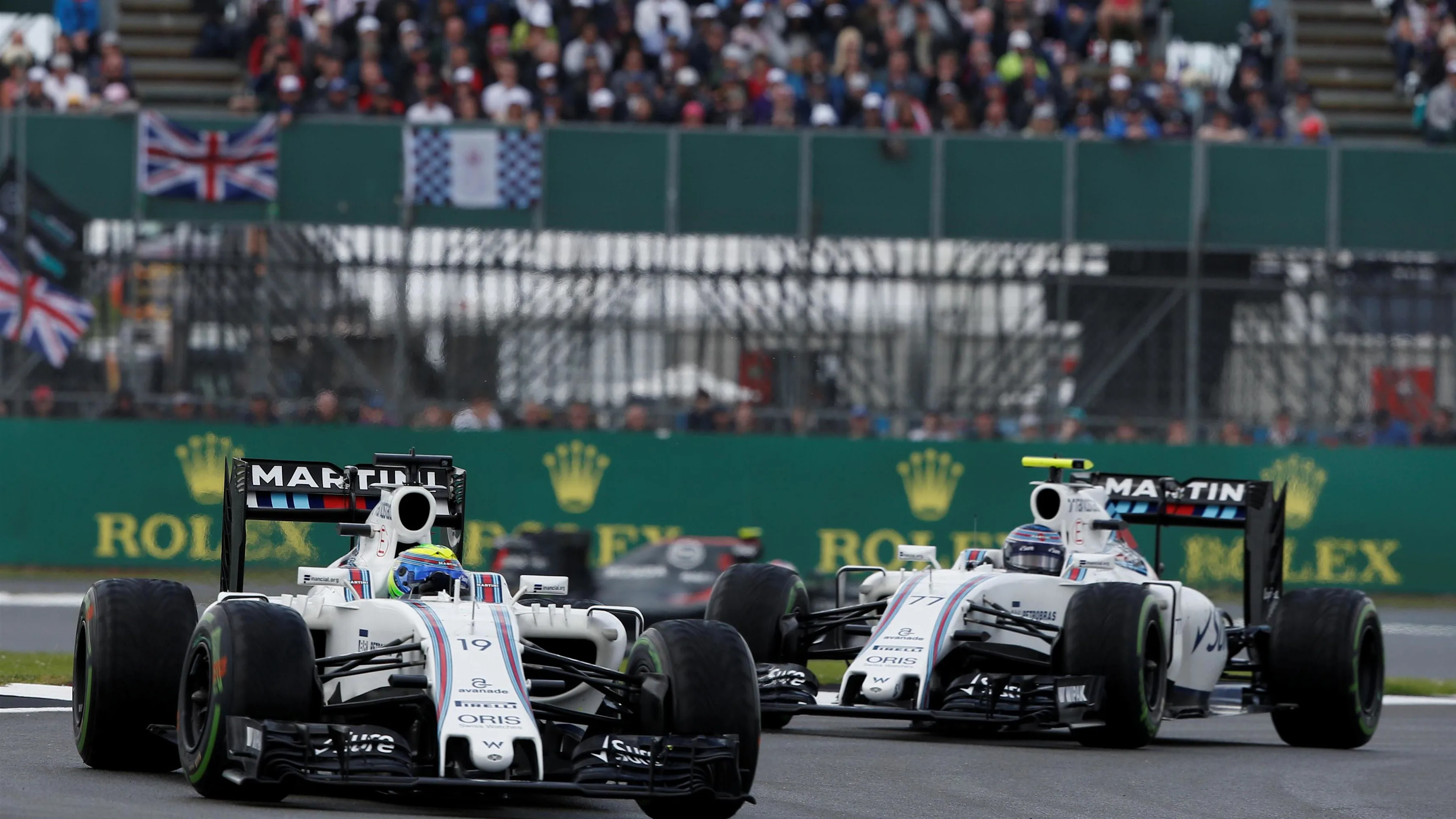 Valtteri Bottas (FIN) Williams FW38 and Felipe Massa (BRA) Williams FW38 at Formula One World Championship, Rd10, British Grand Prix, Race, Silverstone, England, Sunday 10 July 2016. © Sutton Images