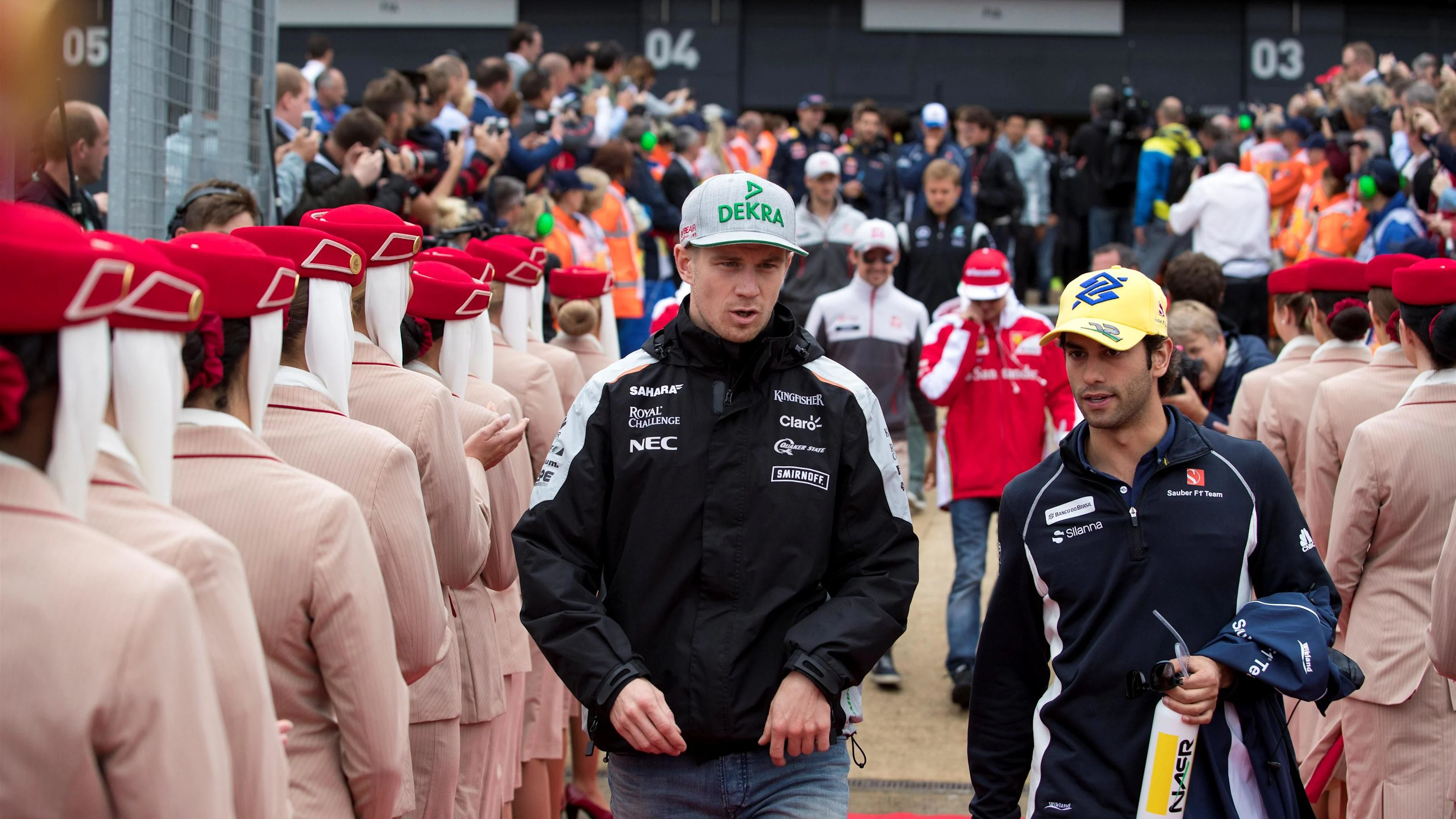Nico Hulkenberg (GER) Force India F1 and Felipe Nasr (BRA) Sauber on the drivers parade at Formula One World Championship, Rd10, British Grand Prix, Race, Silverstone, England, Sunday 10 July 2016. © Sutton Images