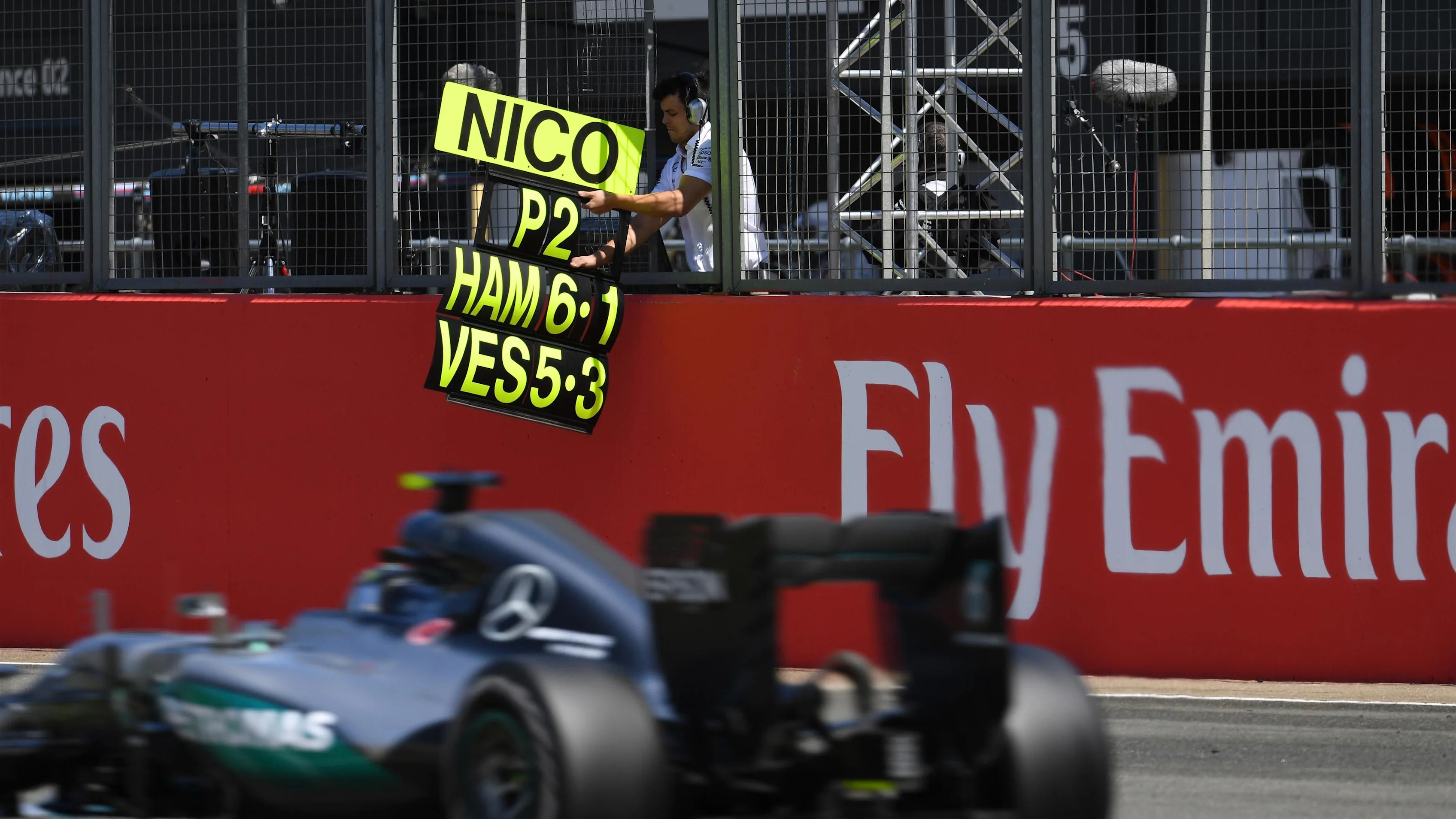 Nico Rosberg (GER) Mercedes-Benz F1 W07 Hybrid passes his pit board at Formula One World
