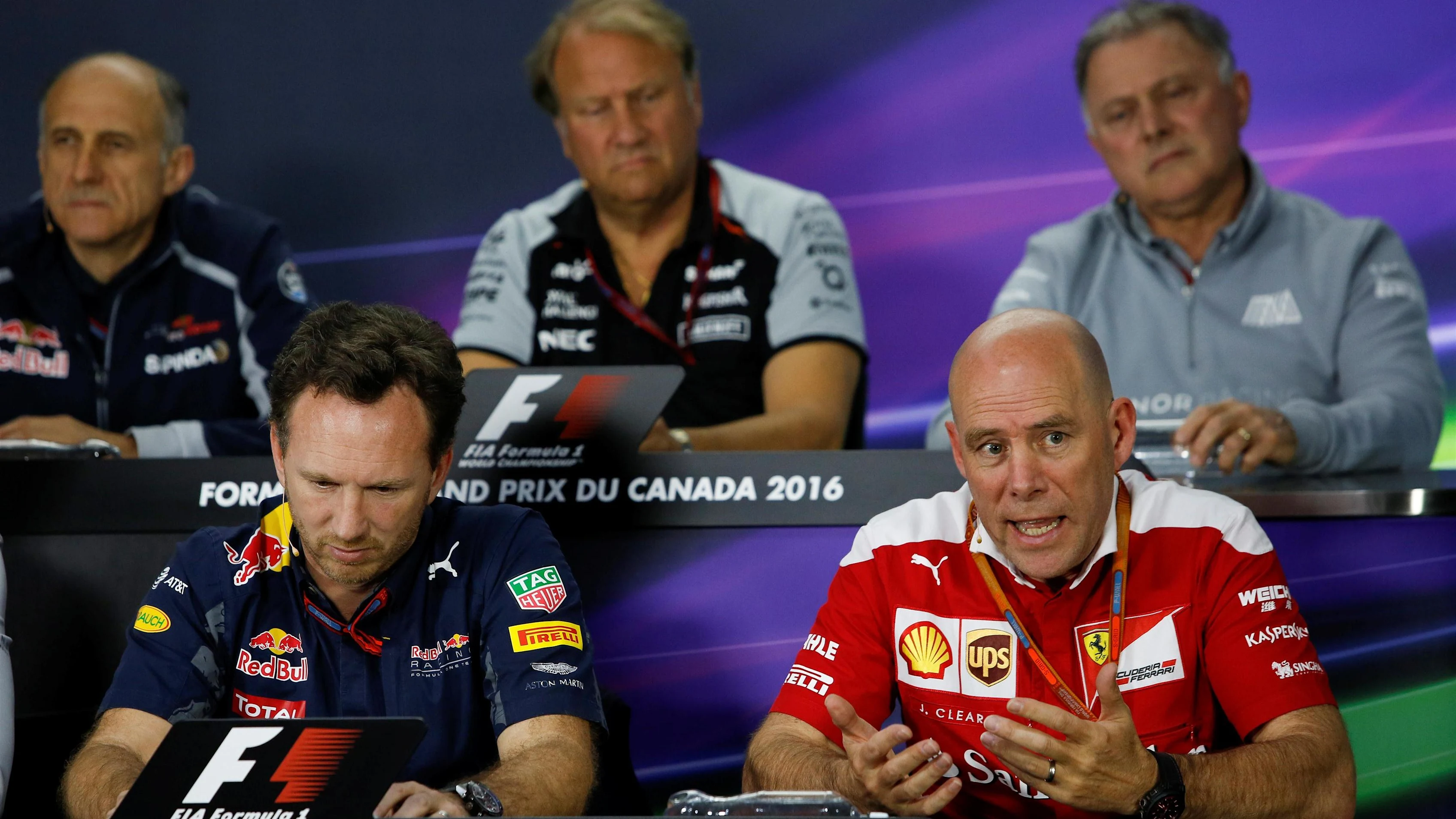 Christian Horner (GBR) Red Bull Racing Team Principal and Jock Clear (GBR) Ferrari Chief Engineer in the Press Conference at Formula One World Championship, Rd7, Canadian Grand Prix, Practice, Montreal, Canada, Friday 10 June 2016. © Sutton Images